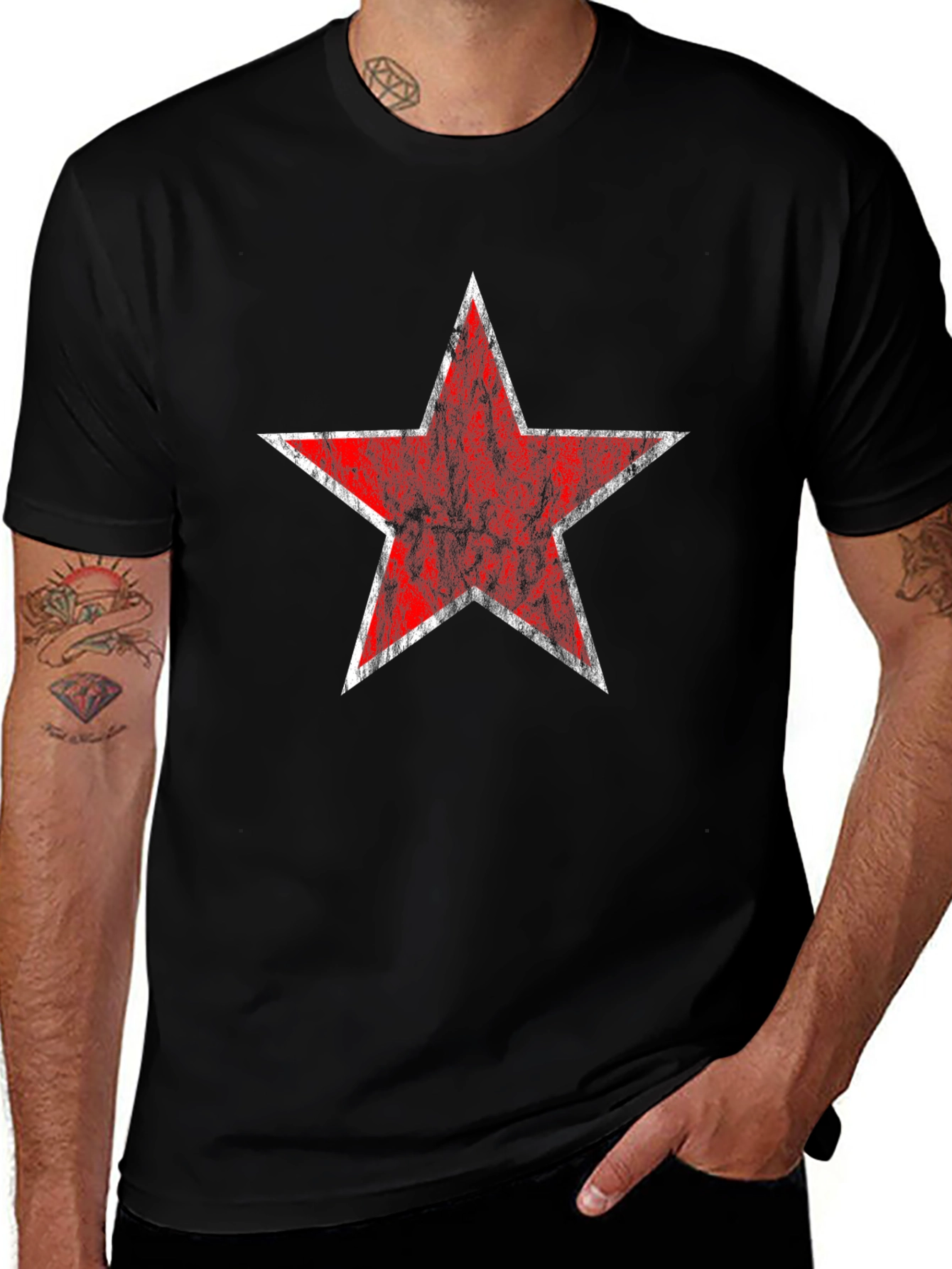 Distressed Red Star Graphic Black T-Shirt