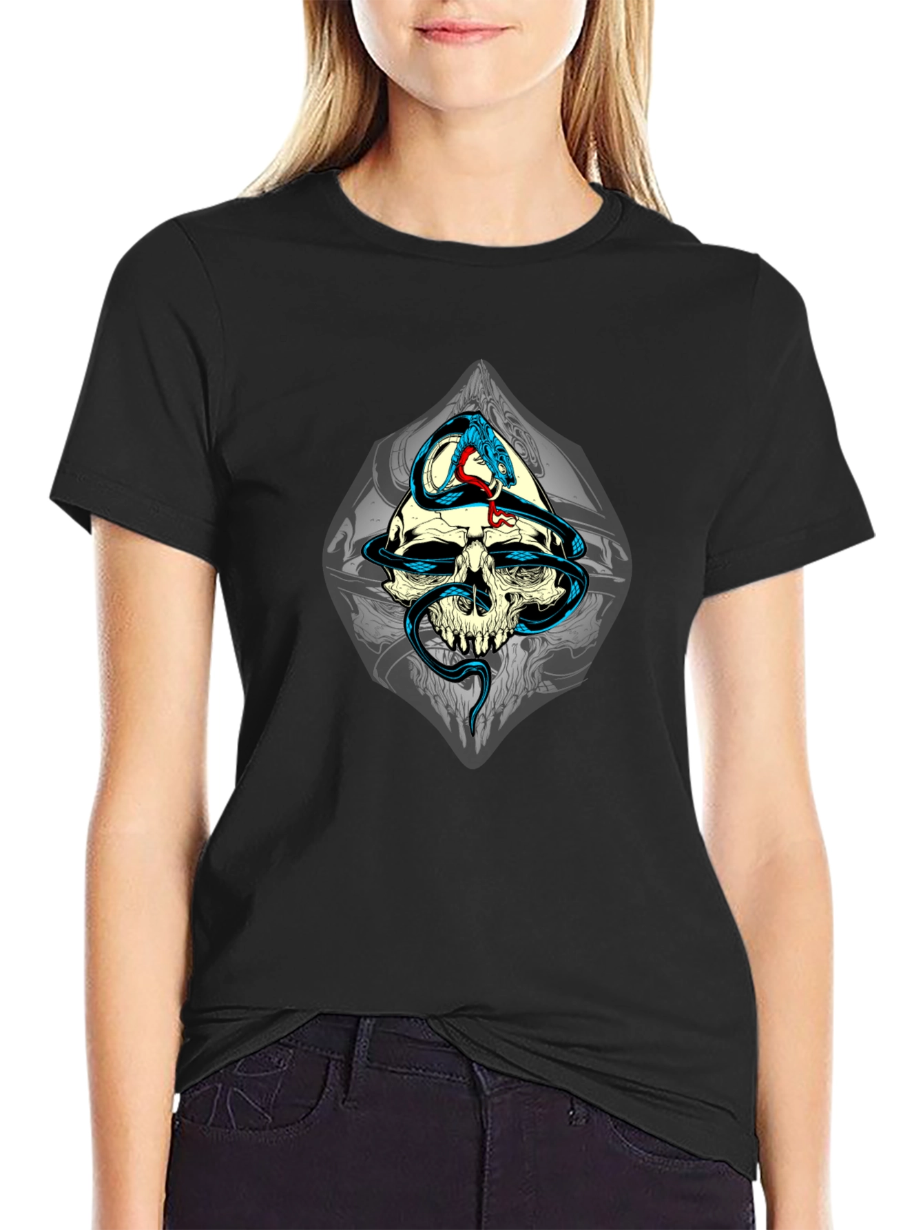 Skull and Snake Graphic T-Shirt - Black