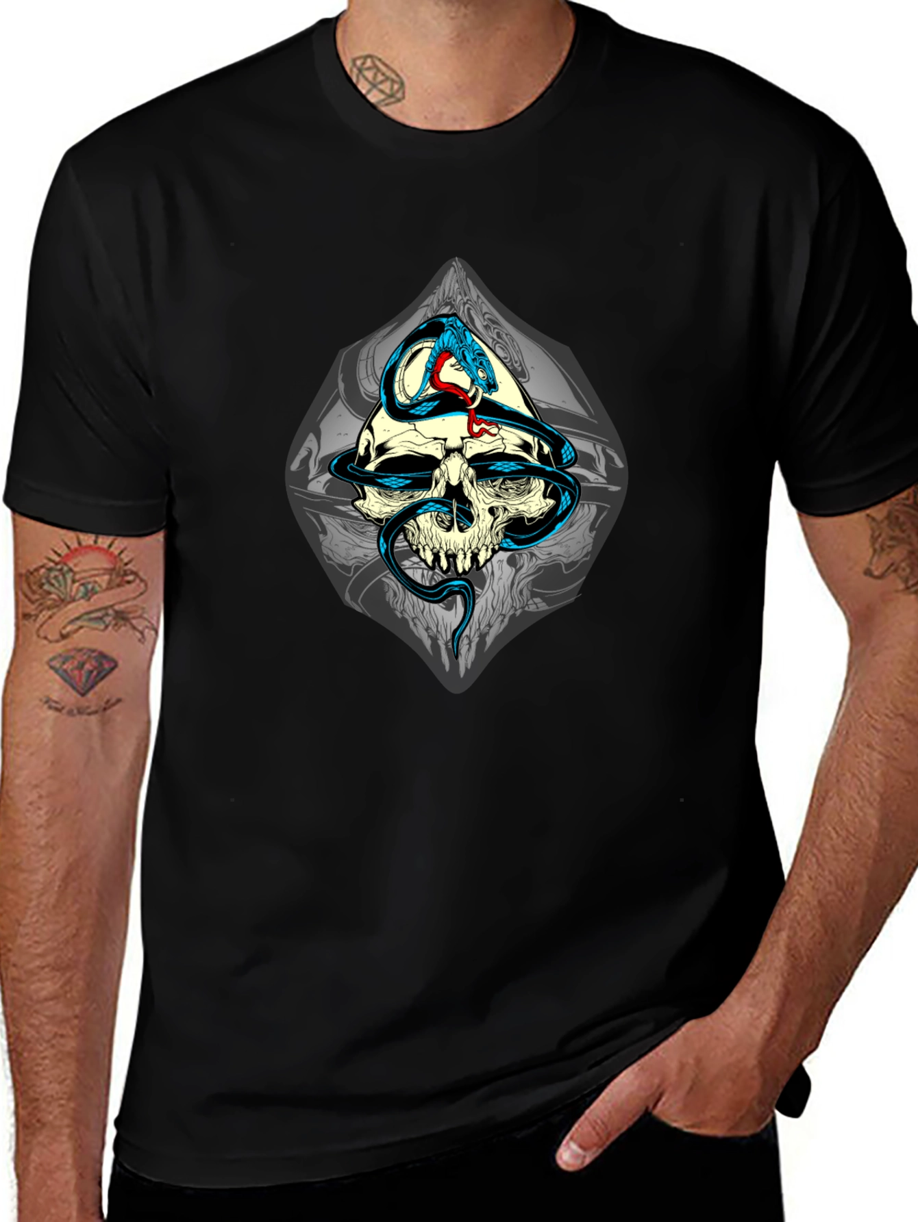 Skull and Snake Graphic T-Shirt - Black