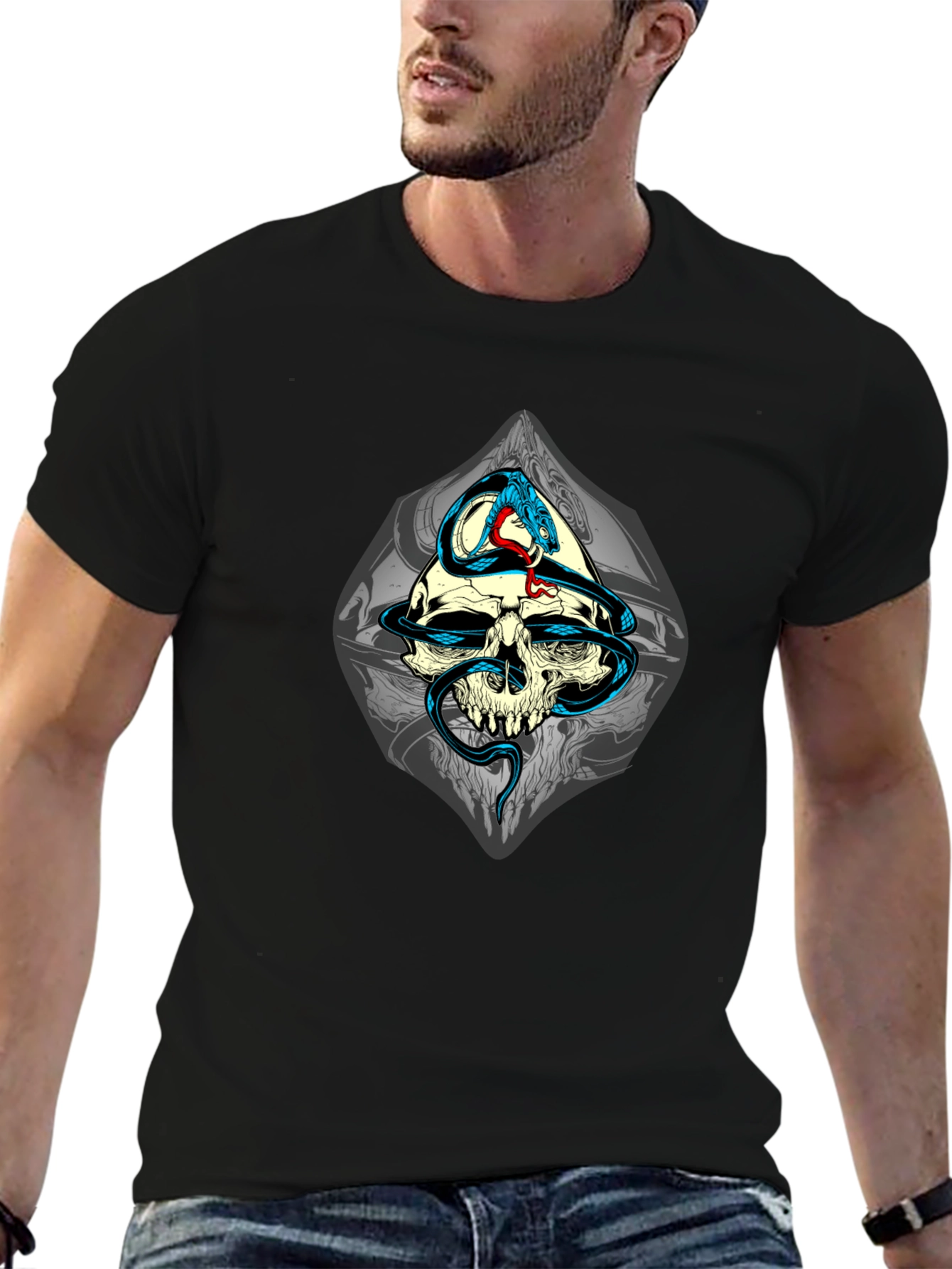 Skull and Snake Graphic T-Shirt - Black
