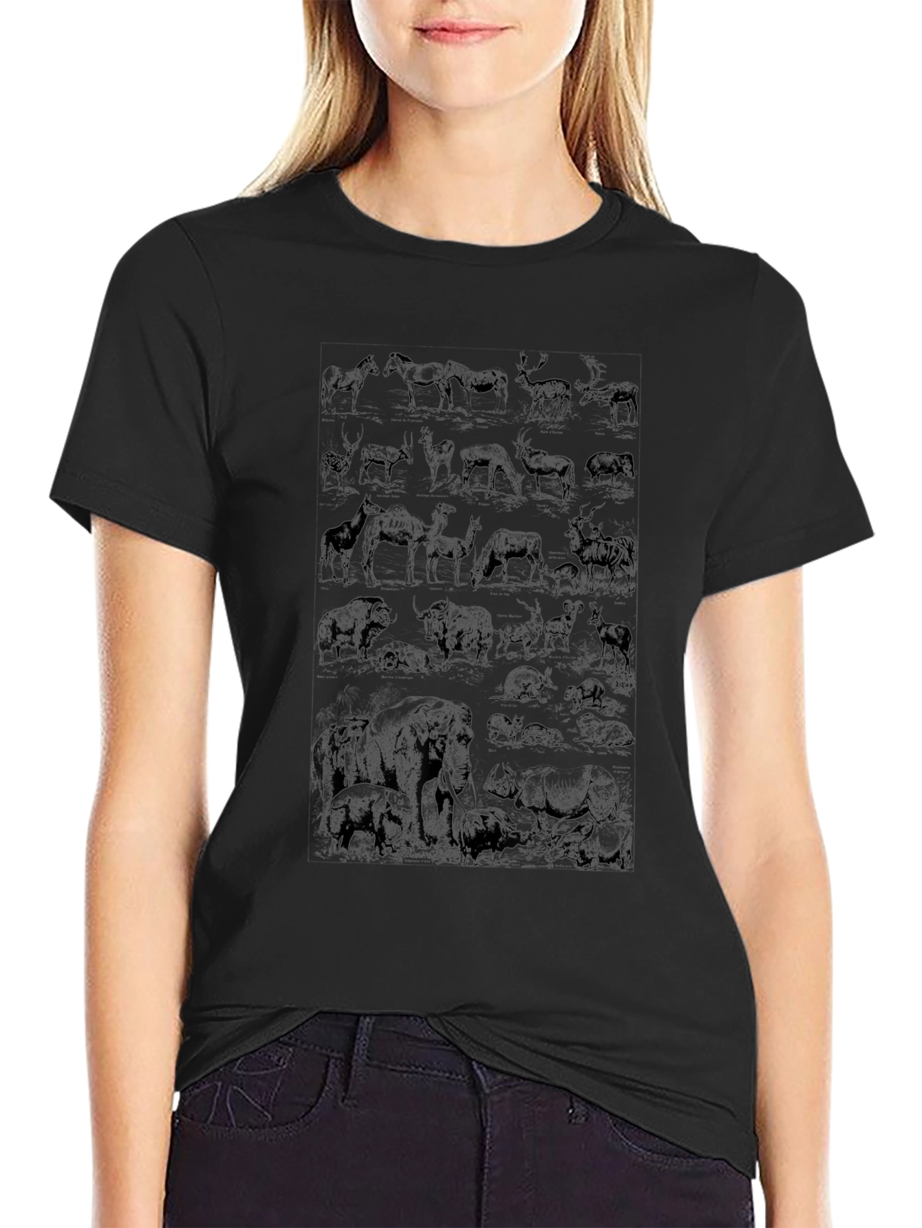 Wildlife Sketch Graphic Tee - Black Cotton Casual Shirt