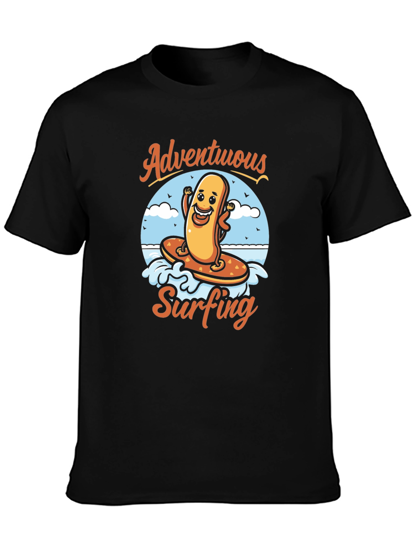 Adventurous Surfing Hot Dog Graphic T-Shirt