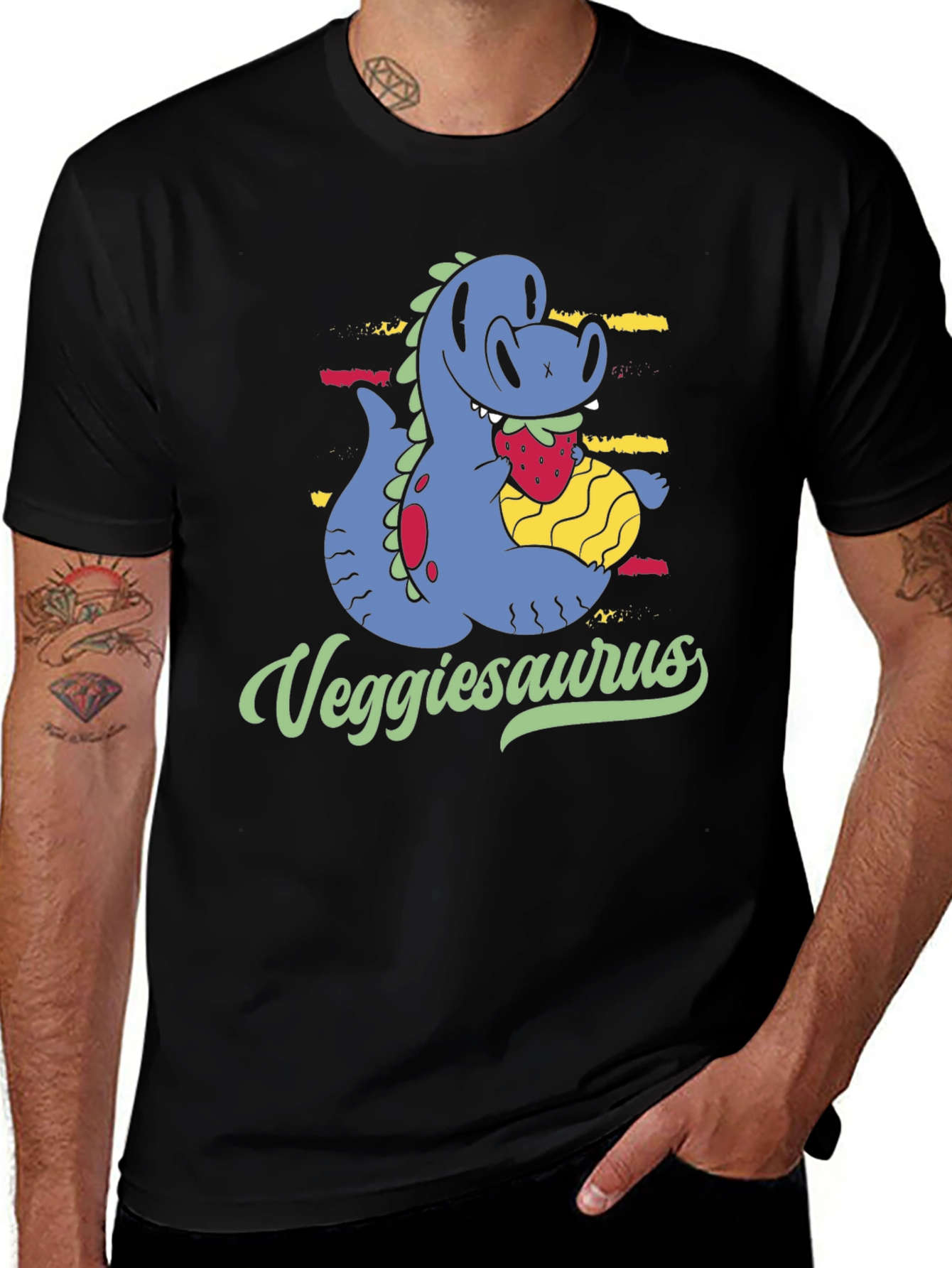 Veggiesaurus T-Shirt - Cartoon Dinosaur Eating Strawberry