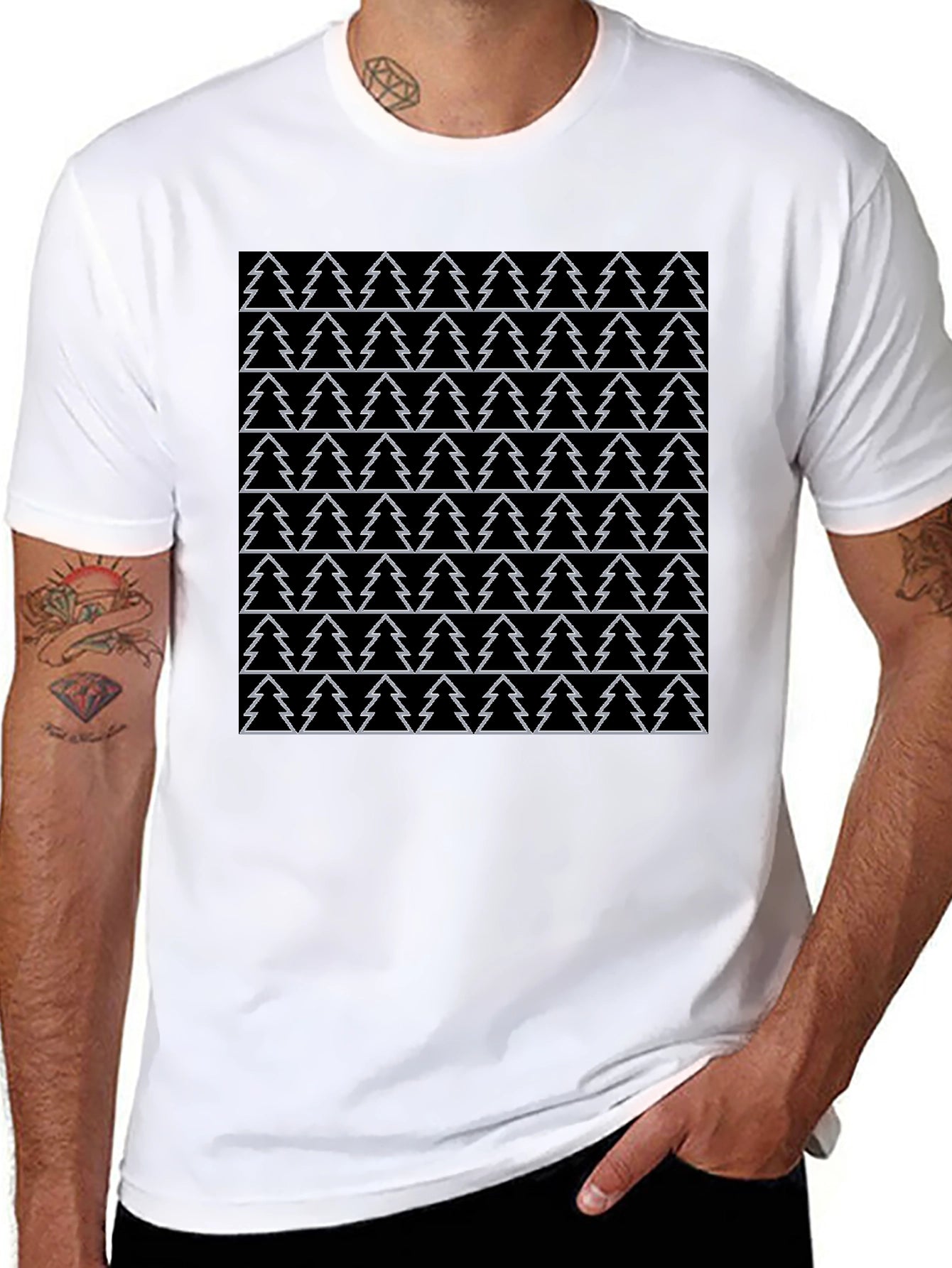 Christmas Tree Pattern Black T-Shirt