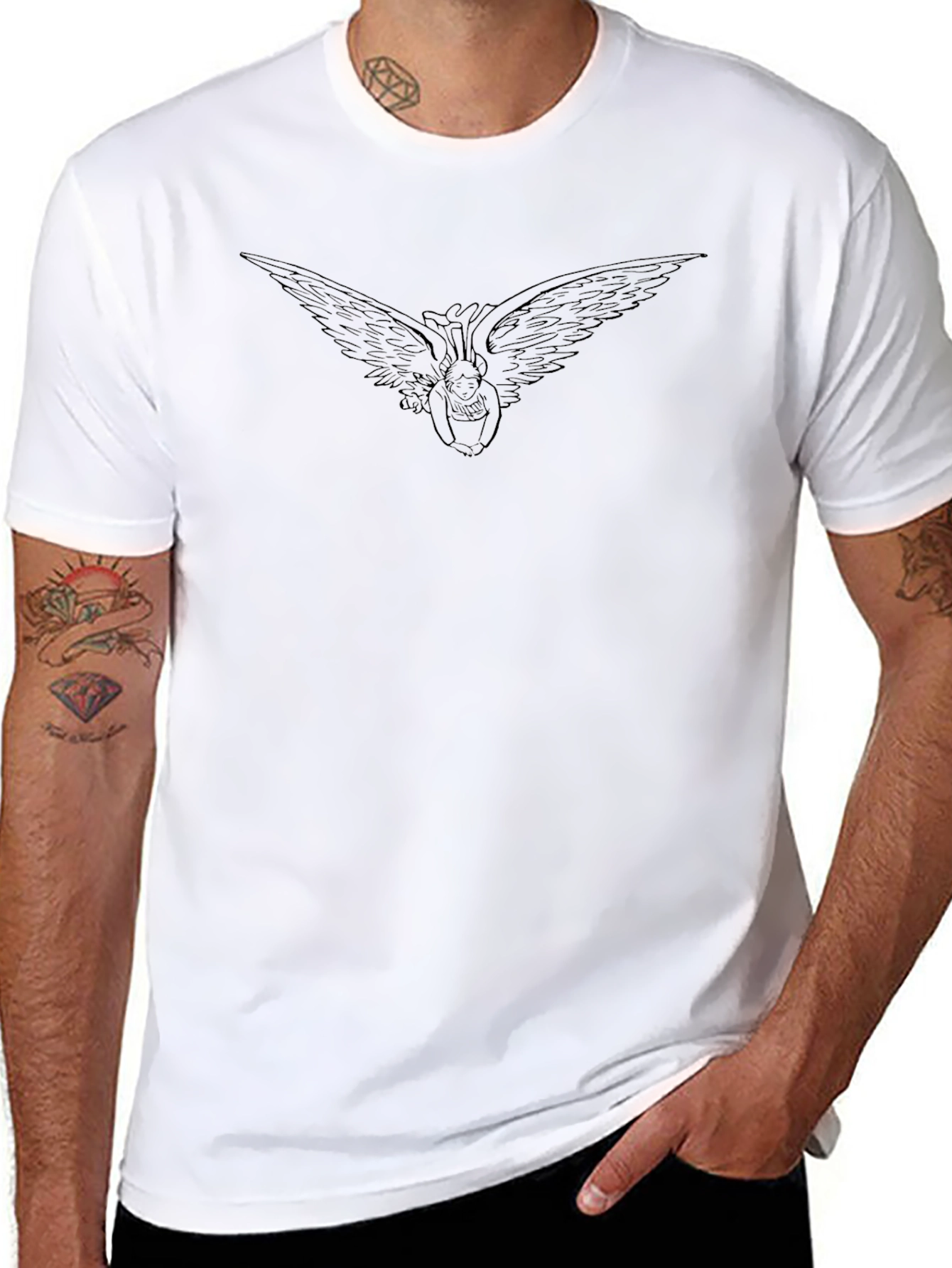Mens Black Graphic Tee - Angel Wings Design