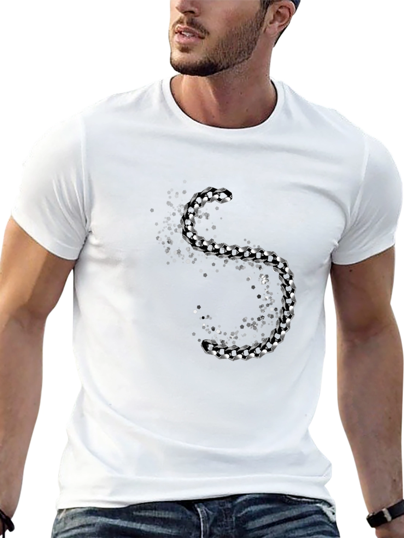 Mens Black T-Shirt with Silver Chain S Design