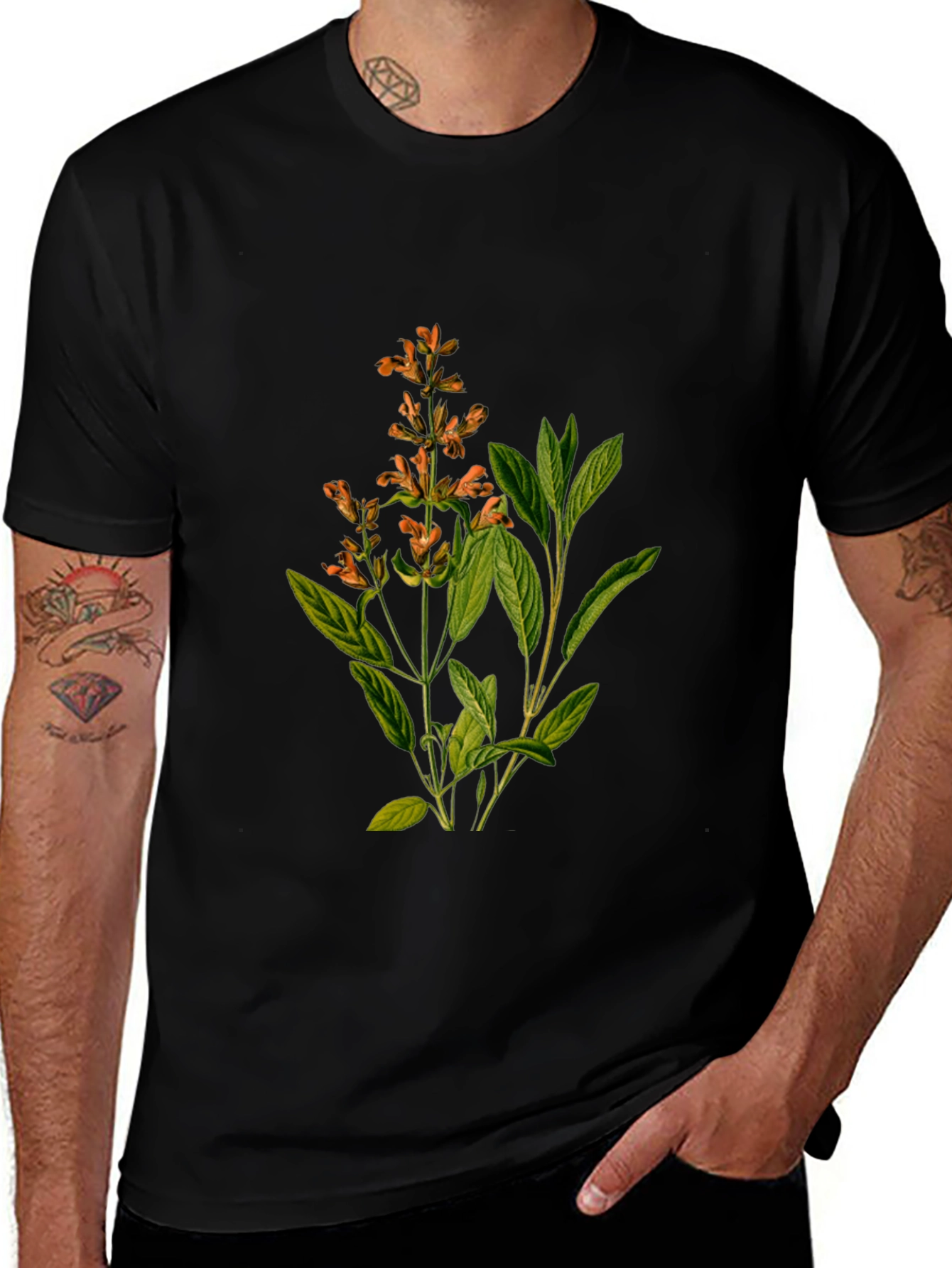 Botanical Sage Print Black T-Shirt