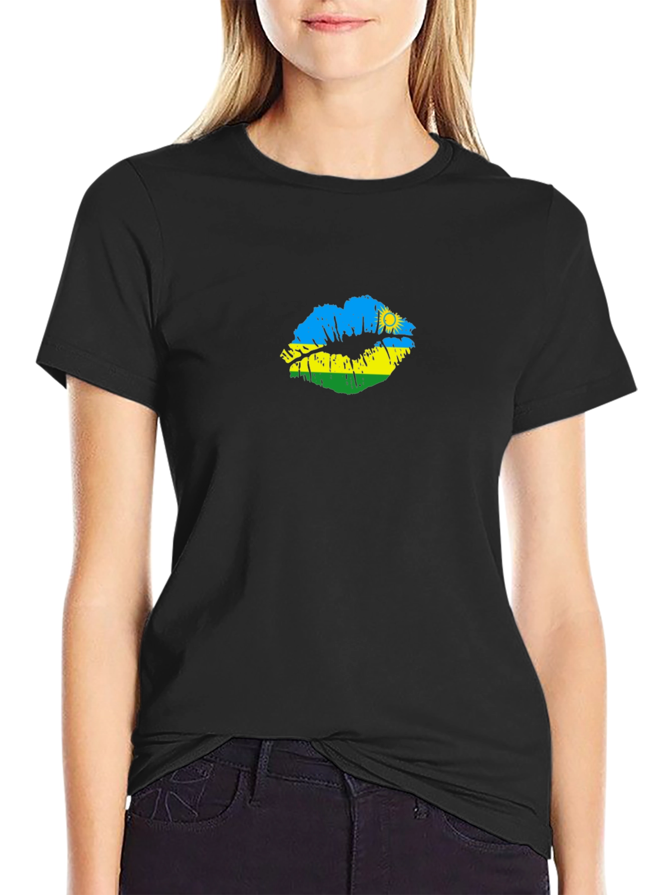 Rwanda Flag Lips Black T-Shirt