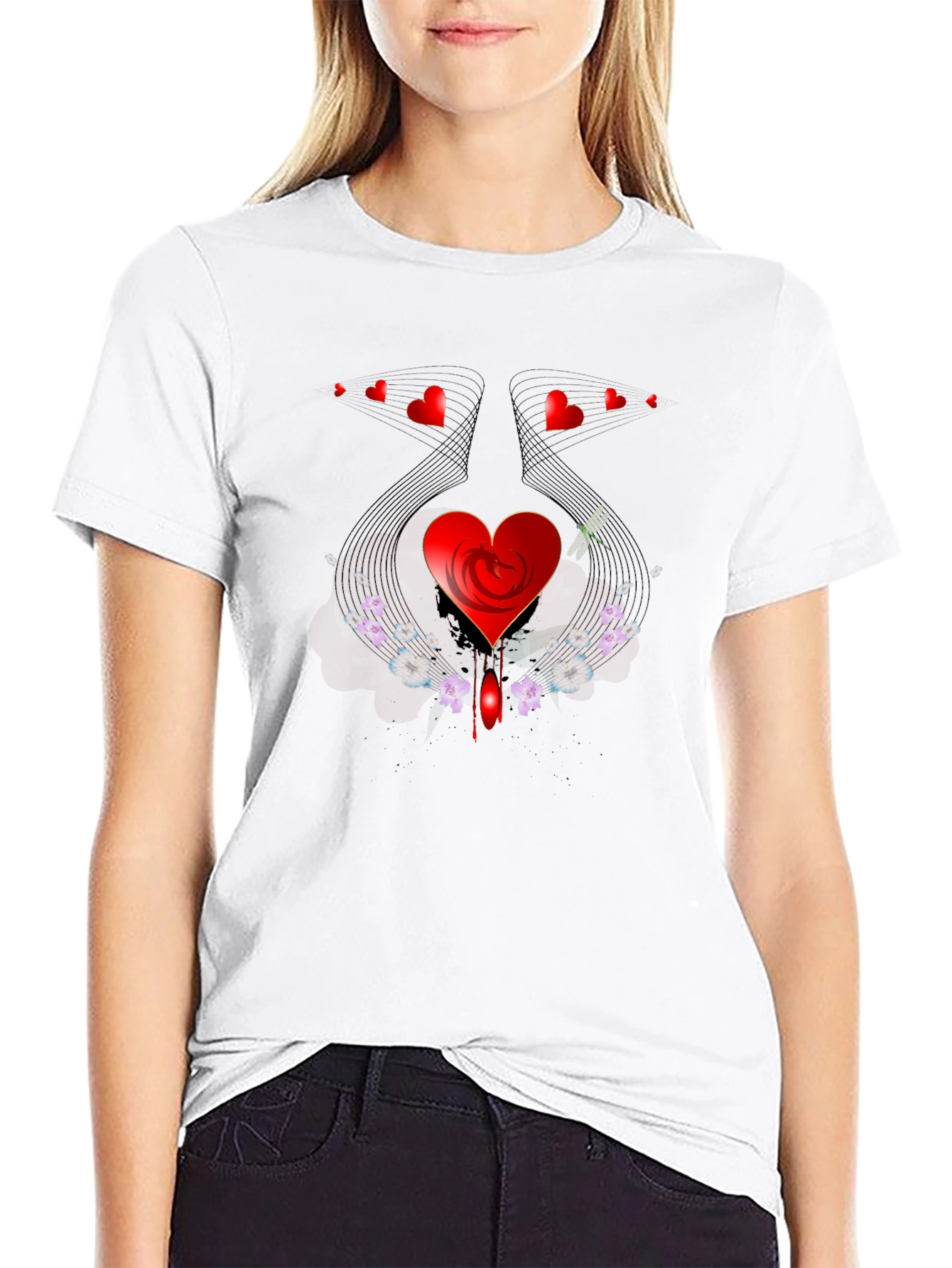 Heart & Floral Graphic Black Tee