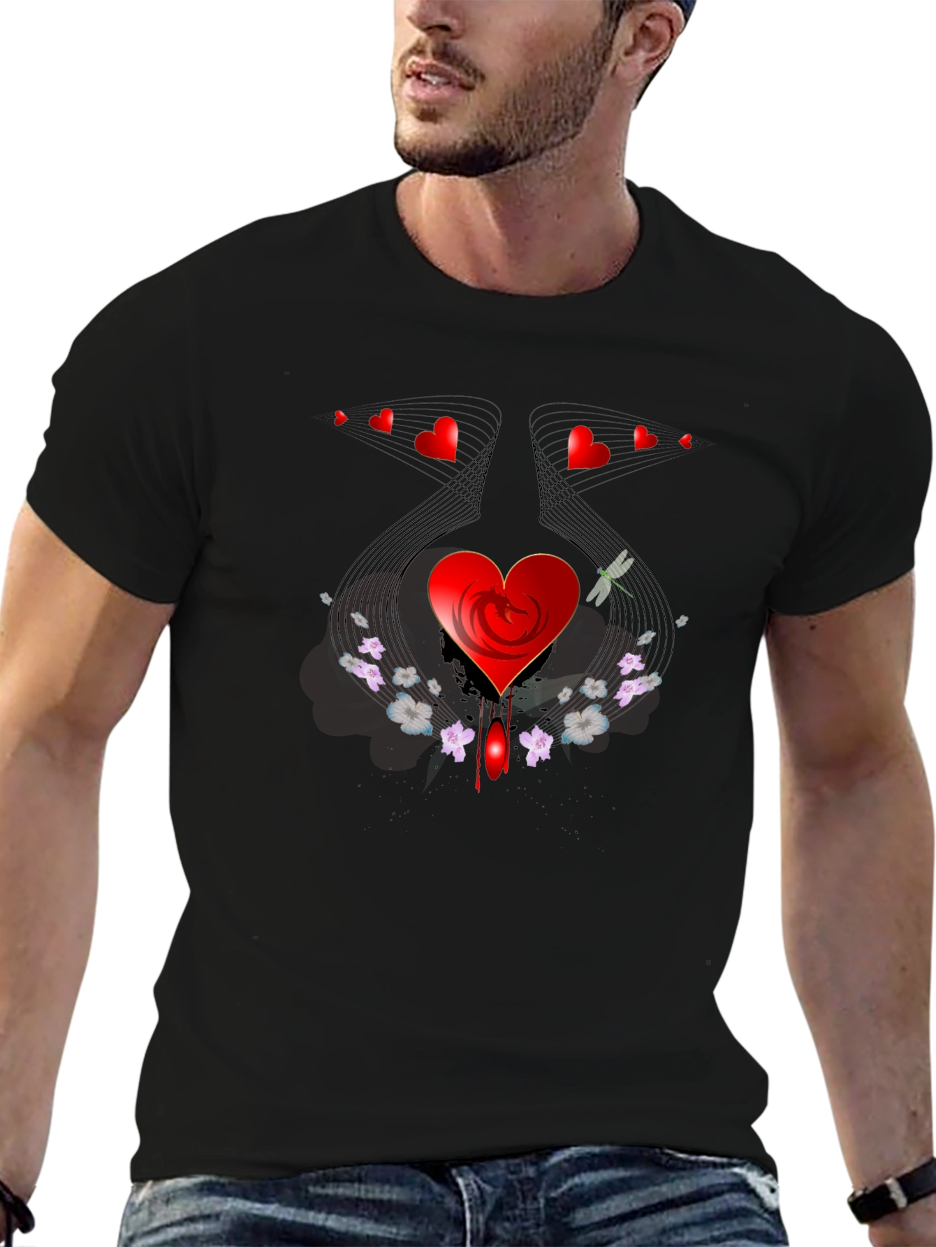 Heart & Floral Graphic Black Tee