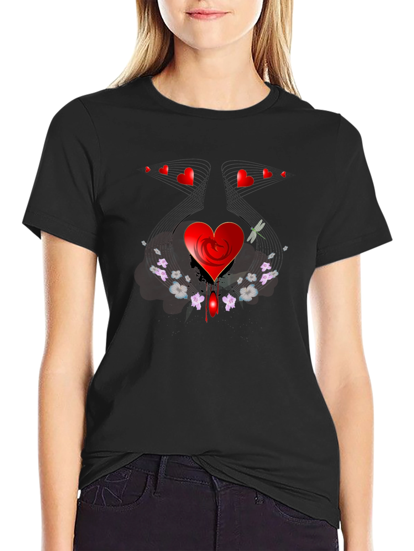 Heart & Floral Graphic Black Tee