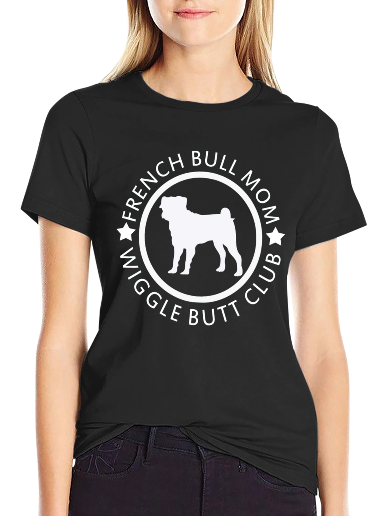 French Bull Mom Wiggle Butt Club Black T-Shirt