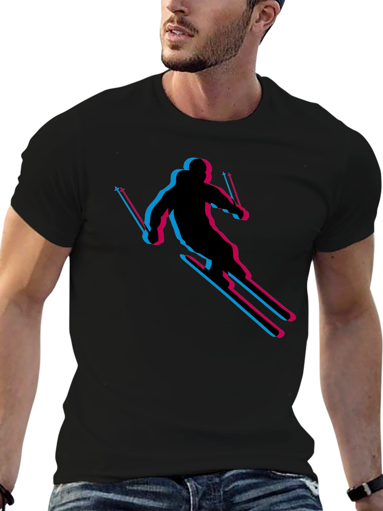 Retro Skiing T-Shirt - Black Cotton Blend
