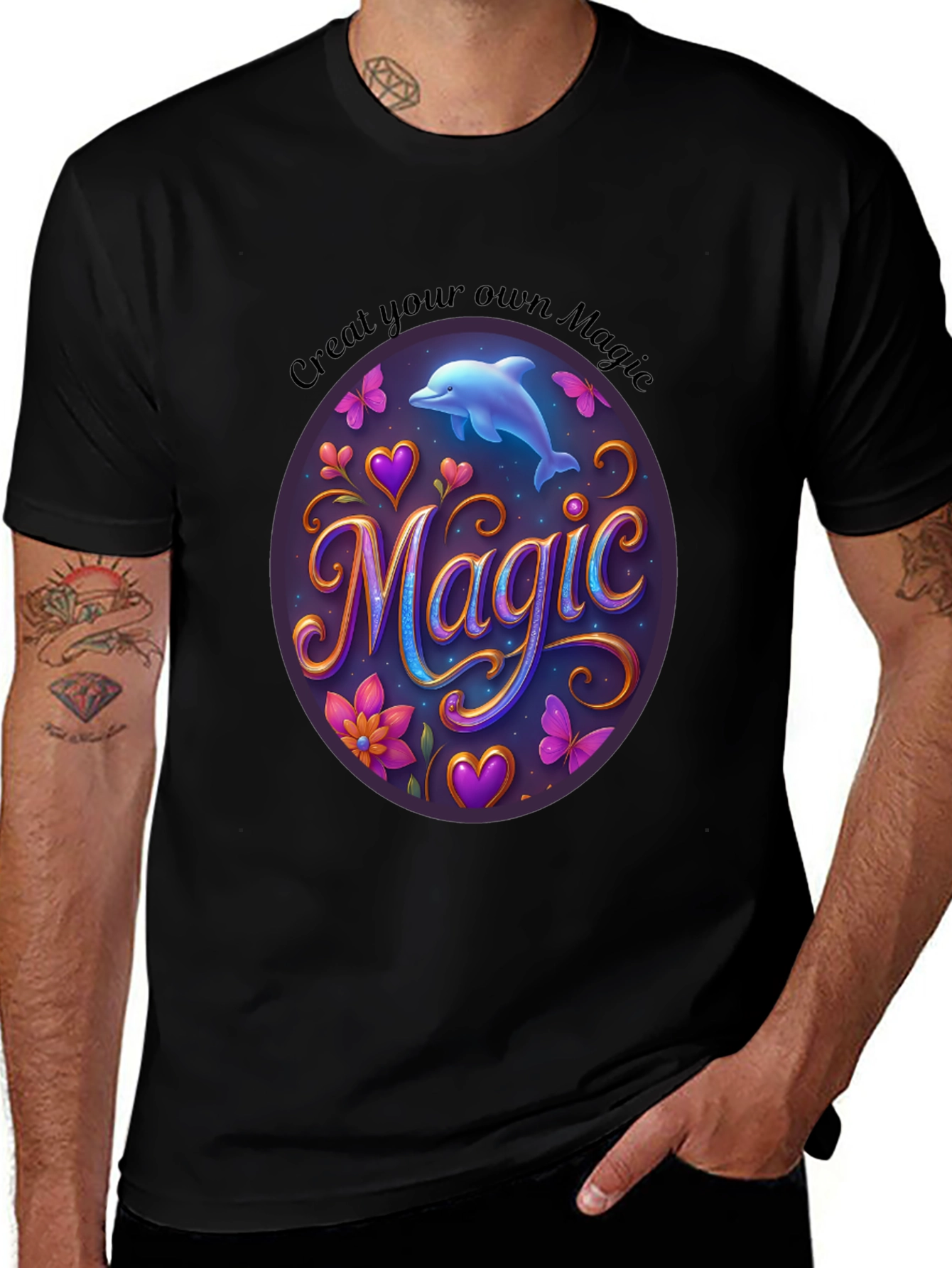 Magic Dolphin Graphic Tee - Unisex Black T-Shirt