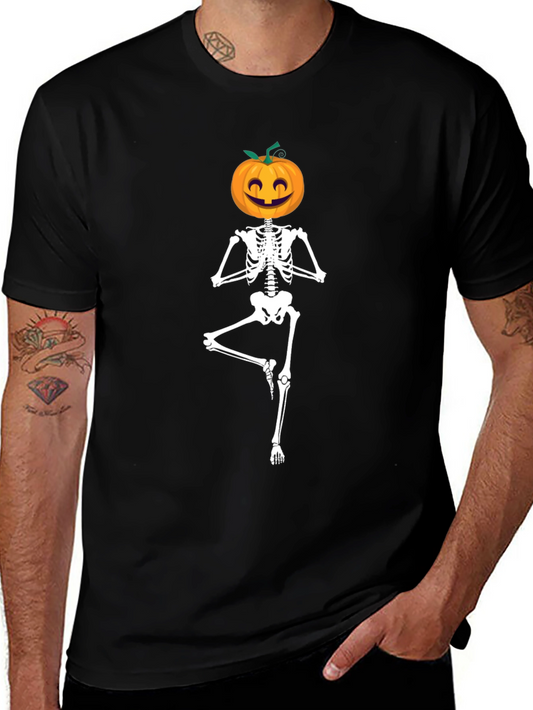 Halloween Skeleton Yoga Pumpkin Head T-Shirt