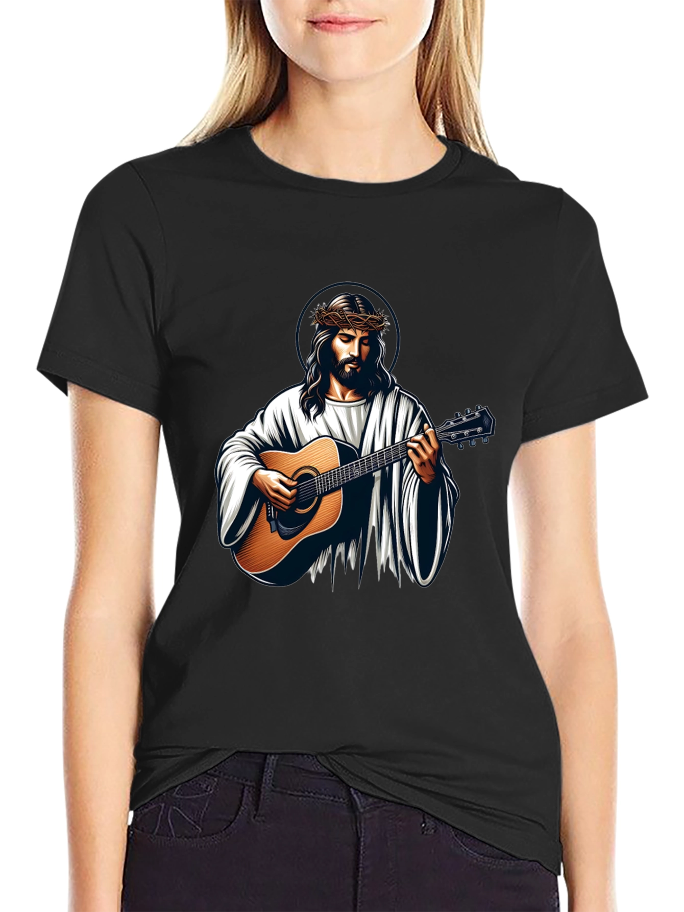 Jesus Playing Guitar Graphic Tee - Black