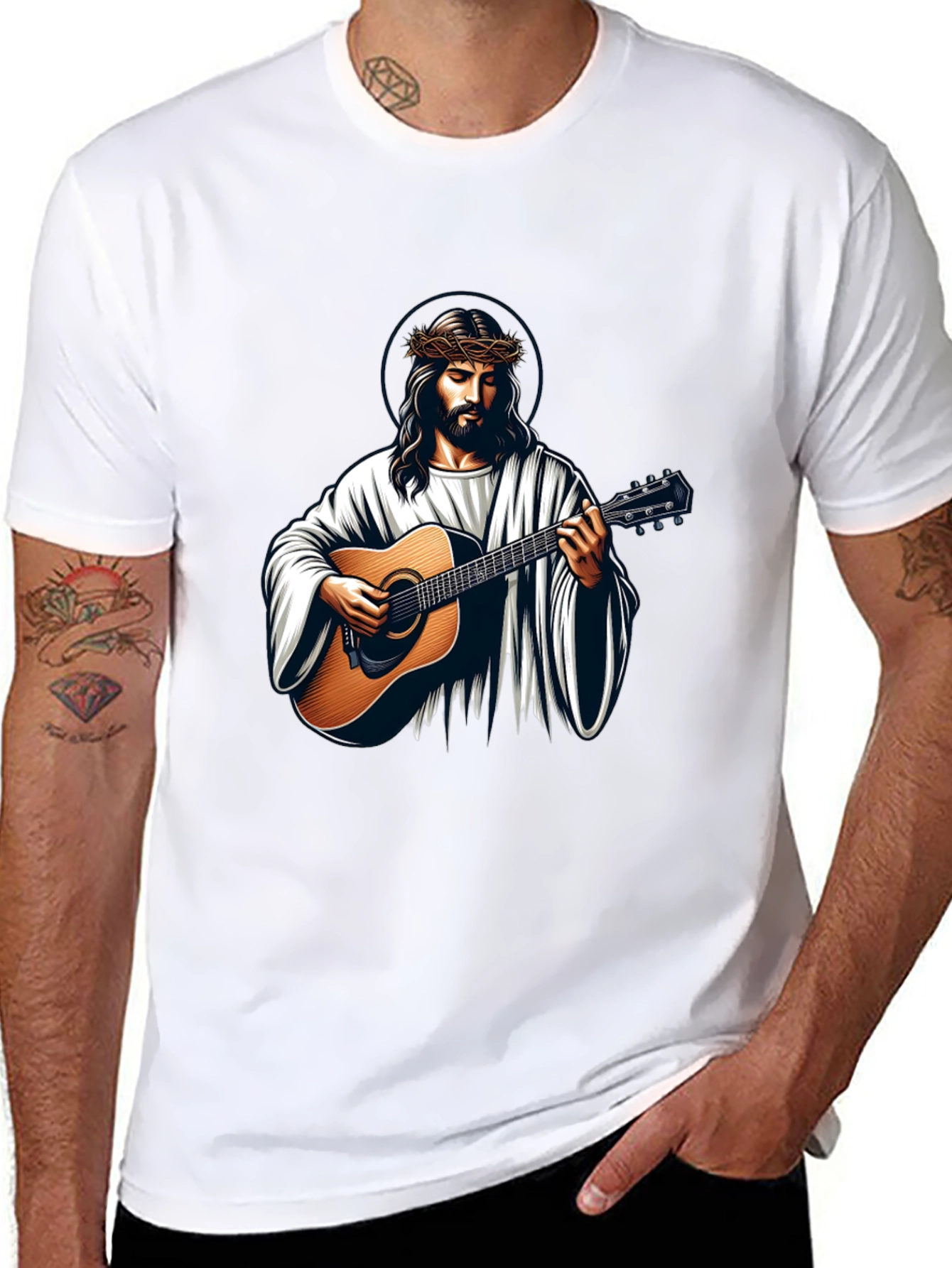 Jesus Playing Guitar Graphic Tee - Black