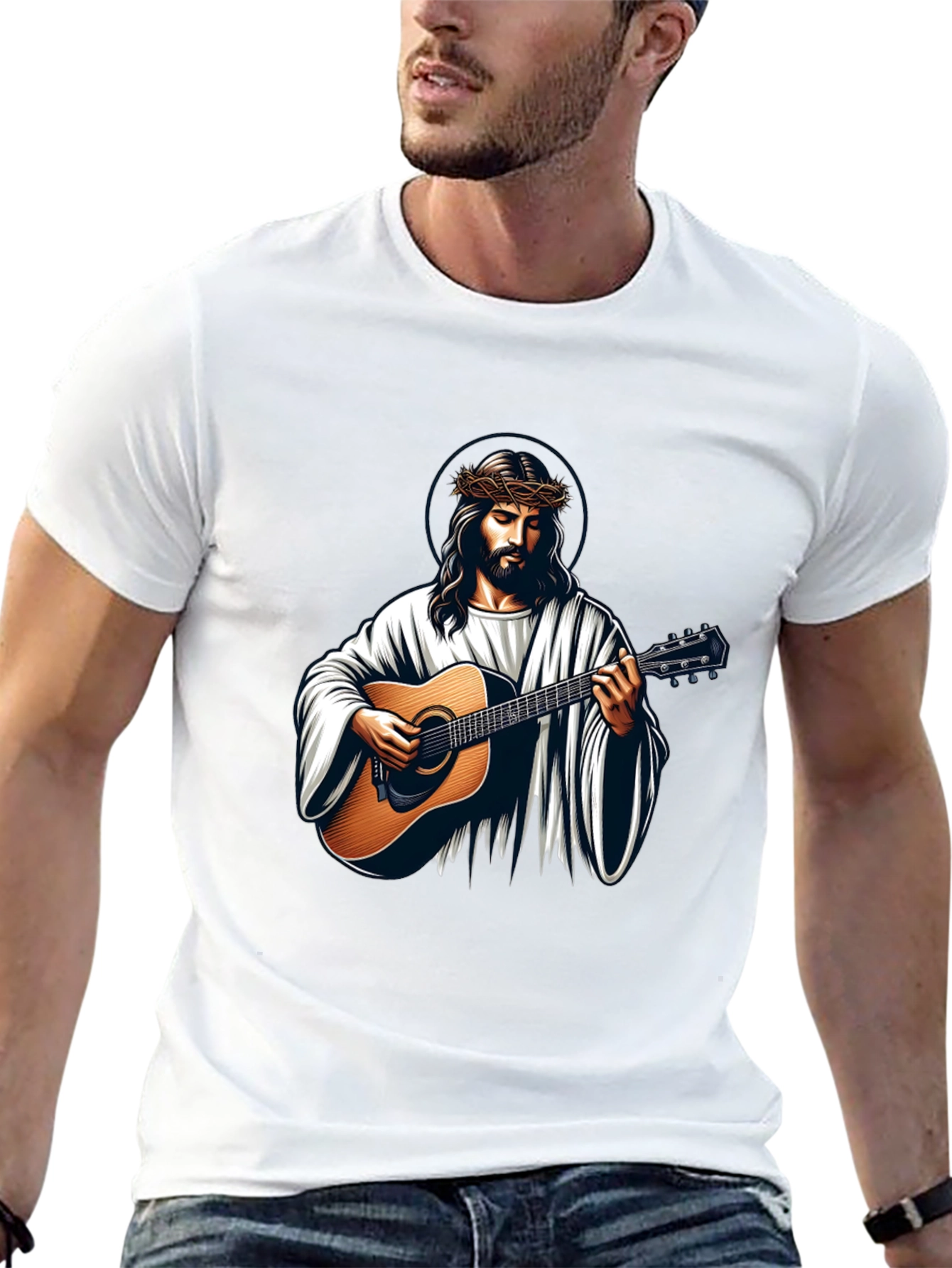 Jesus Playing Guitar Graphic Tee - Black
