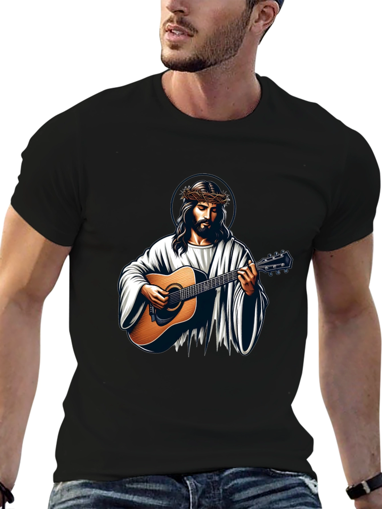 Jesus Playing Guitar Graphic Tee - Black
