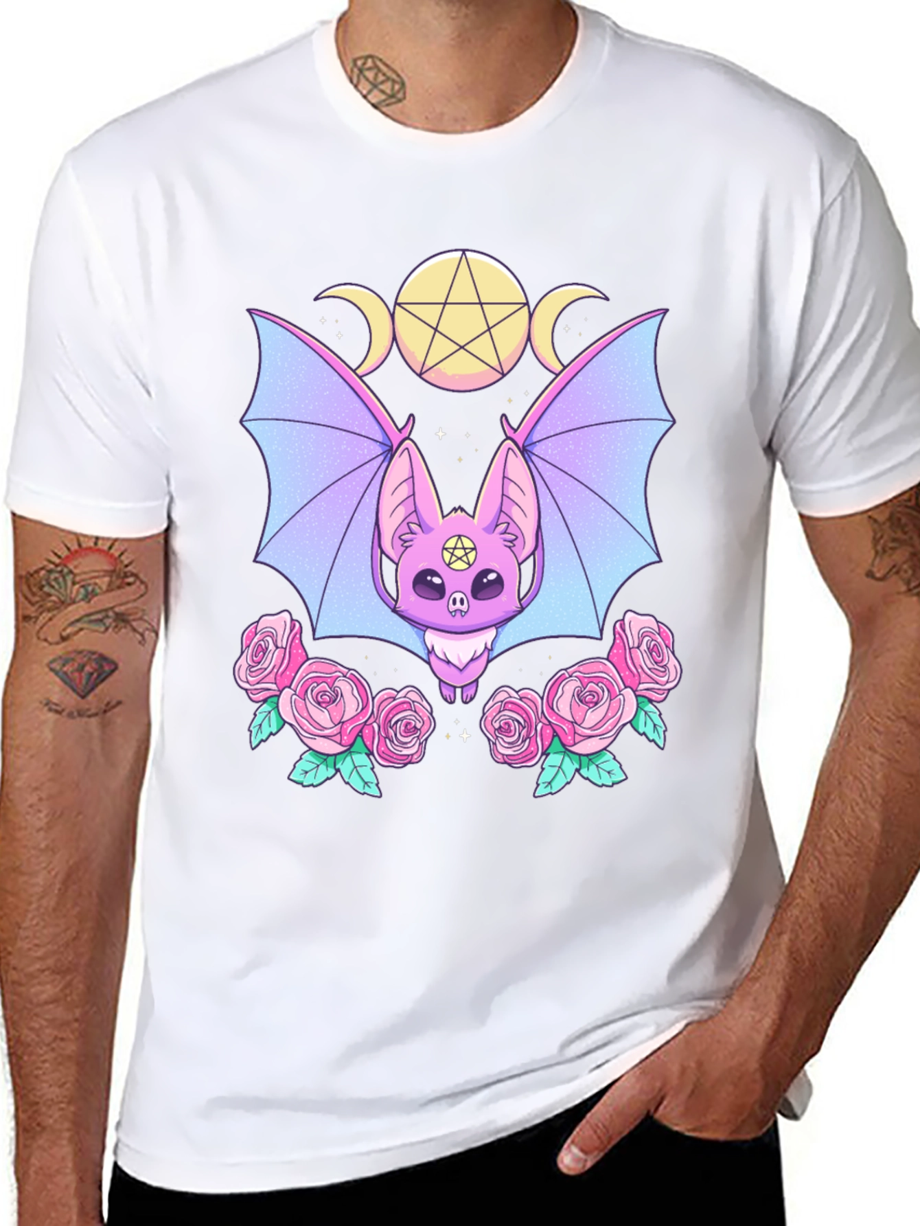 Pastel Goth Bat & Roses Graphic Tee
