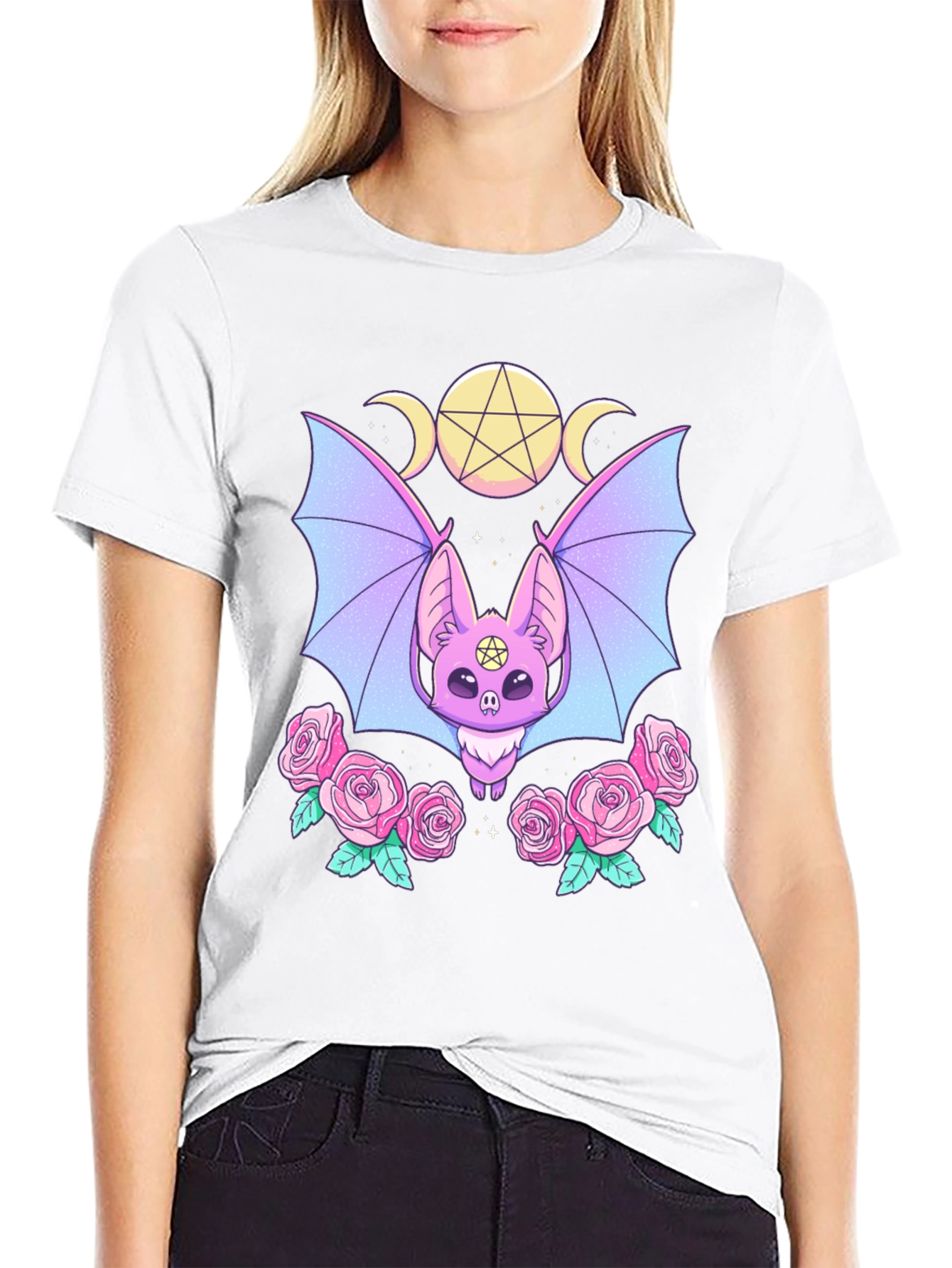 Pastel Goth Bat & Roses Graphic Tee