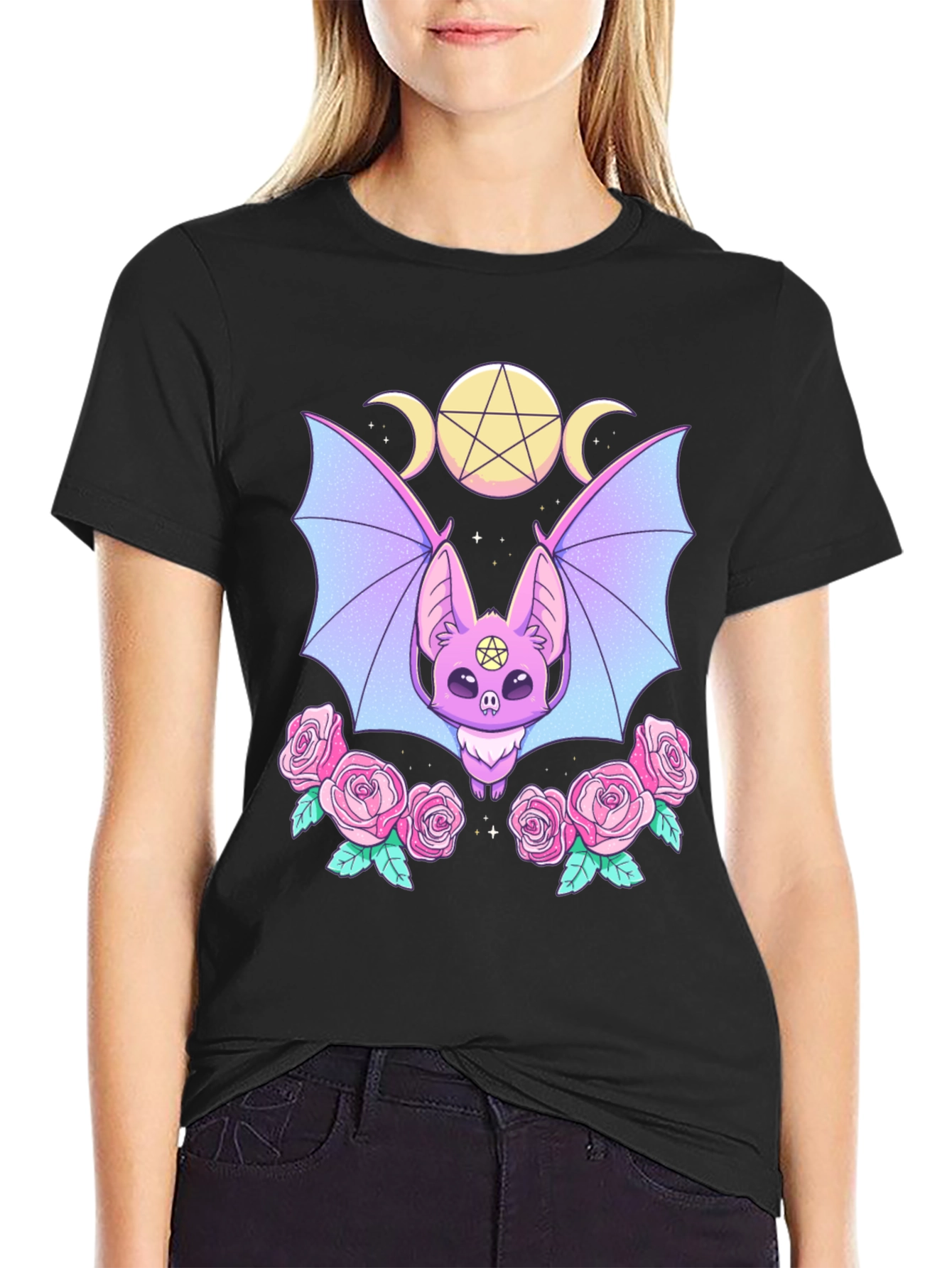 Pastel Goth Bat & Roses Graphic Tee