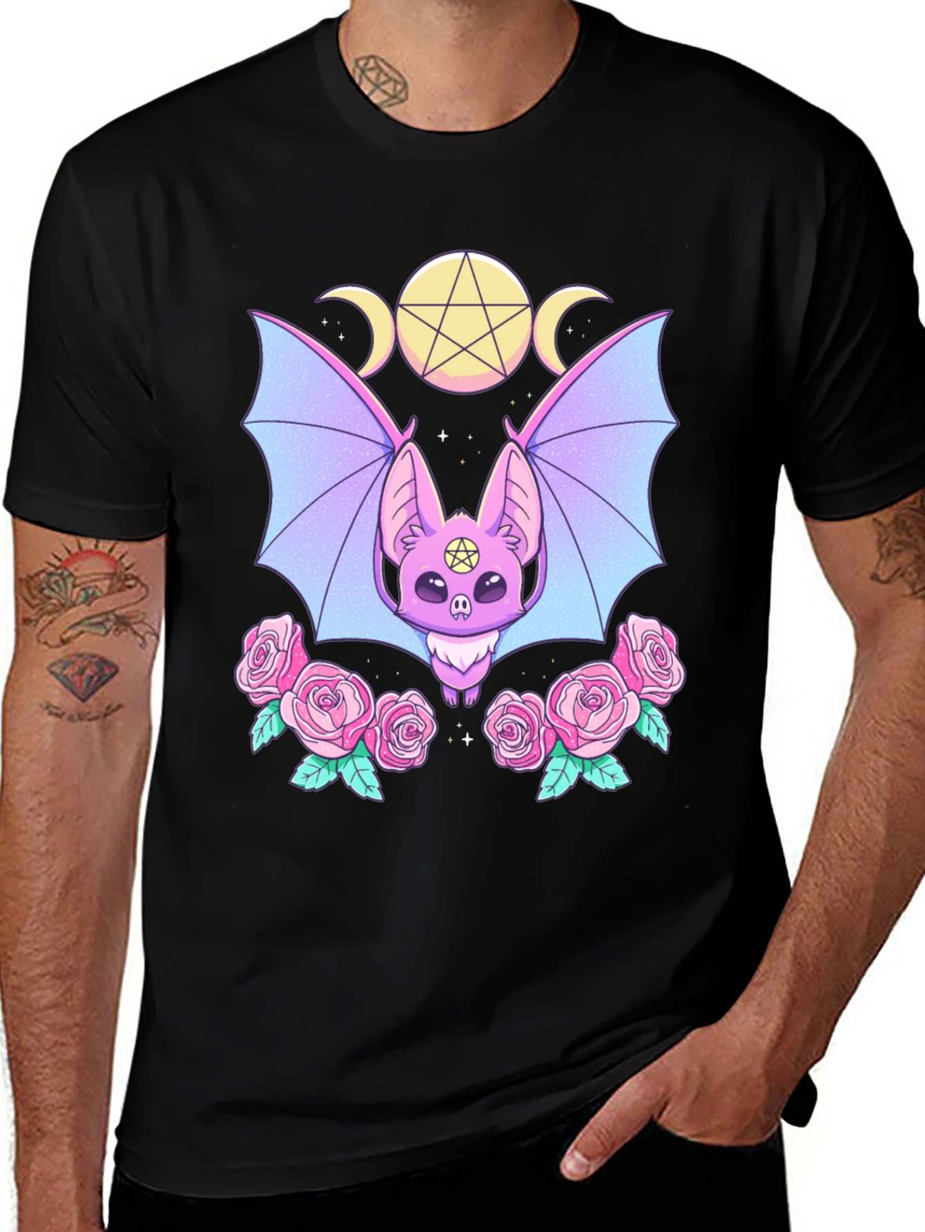 Pastel Goth Bat & Roses Graphic Tee