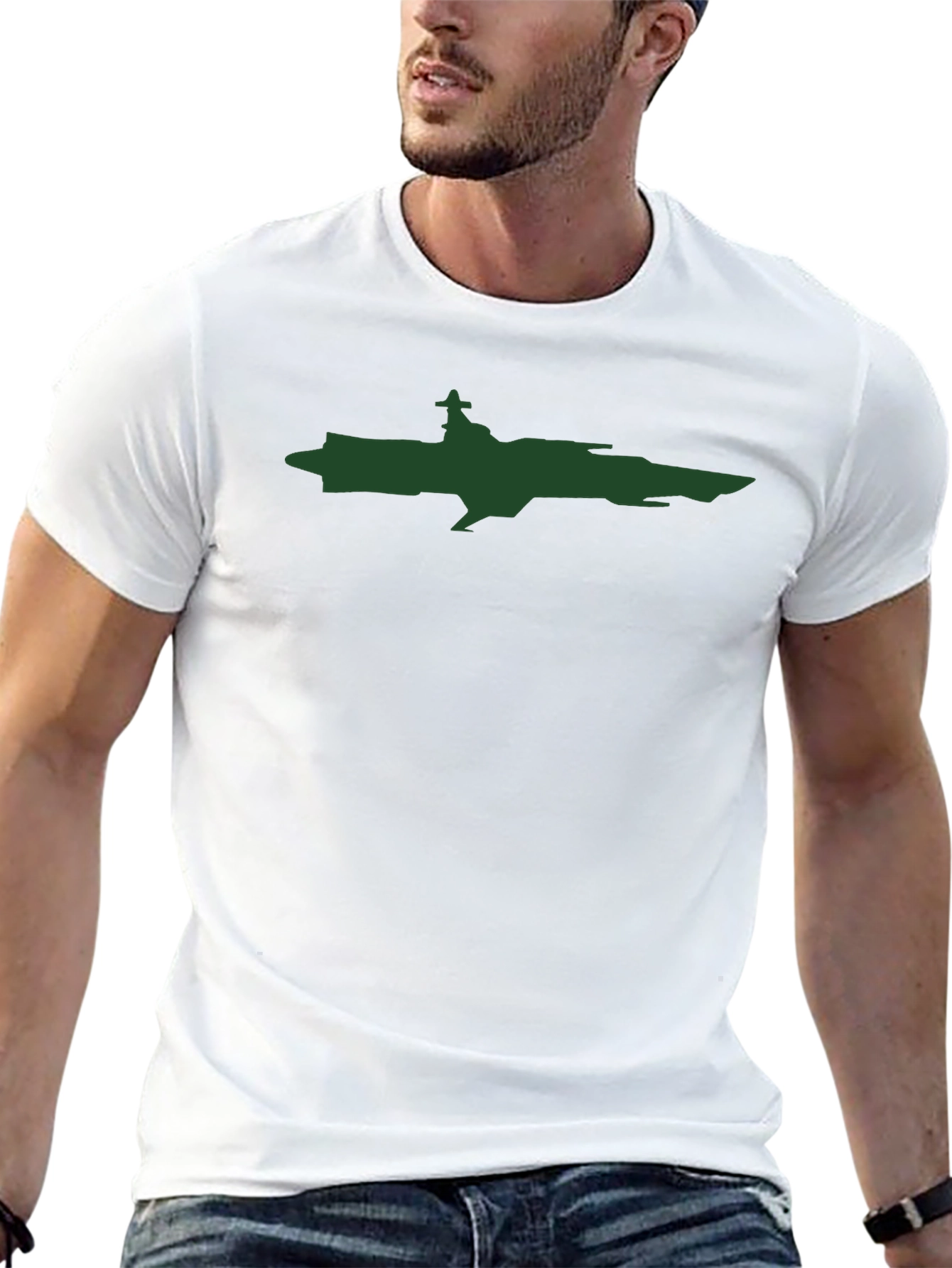 Cool Green Spaceship on Black T-Shirt