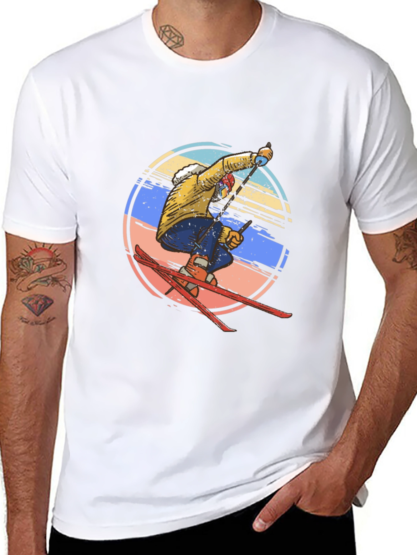 Retro Skiing Graphic Tee - Mens Black Cotton T-Shirt