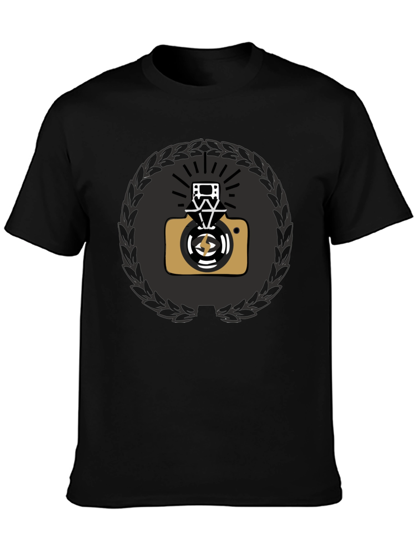 Black Graphic Tee with Camera & Film Reel Design