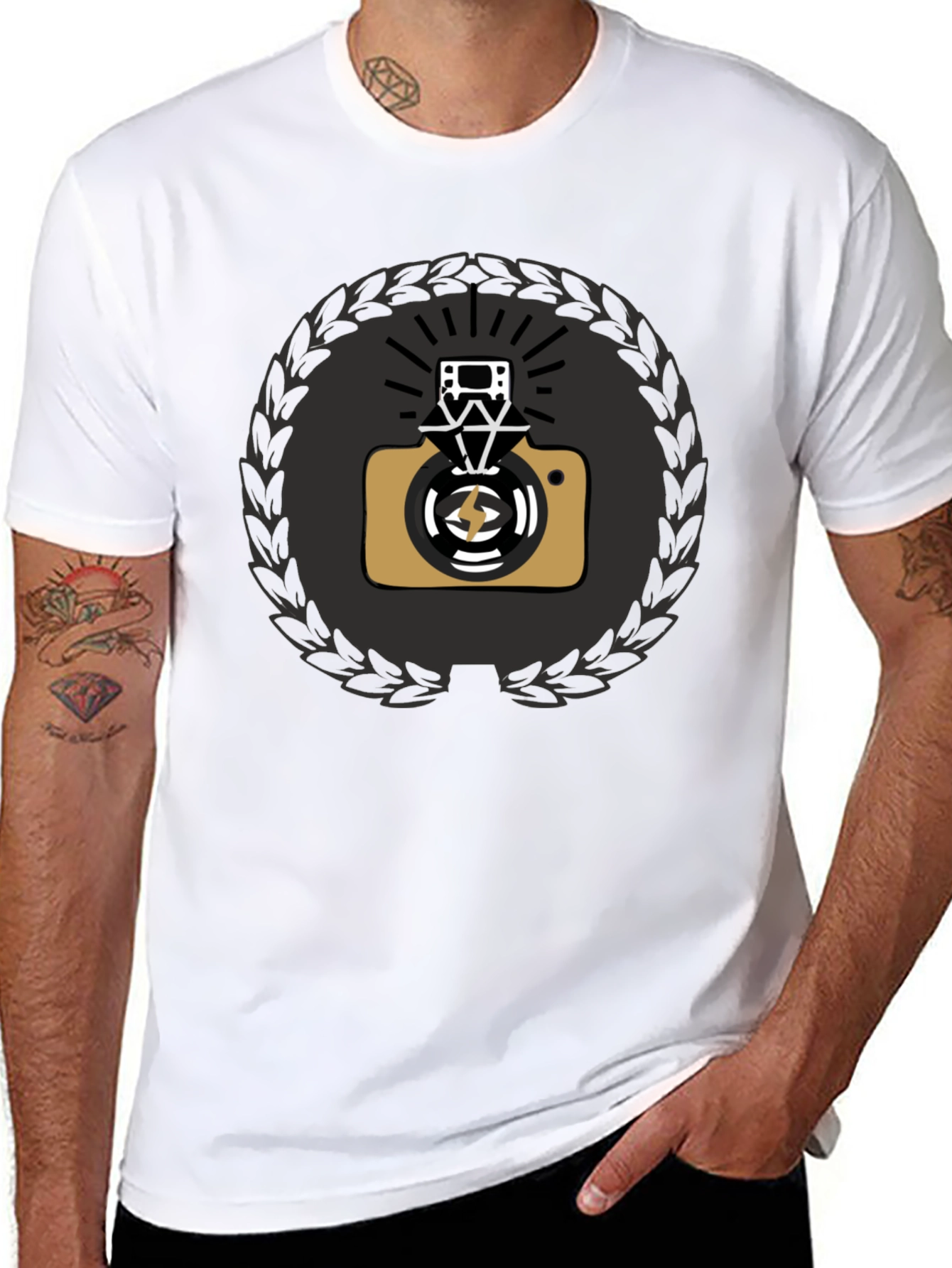 Black Graphic Tee with Camera & Film Reel Design