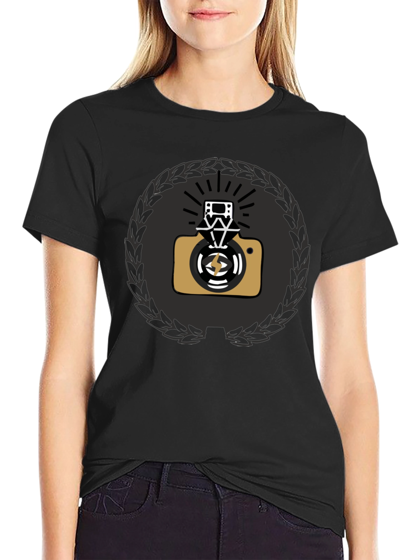 Black Graphic Tee with Camera & Film Reel Design
