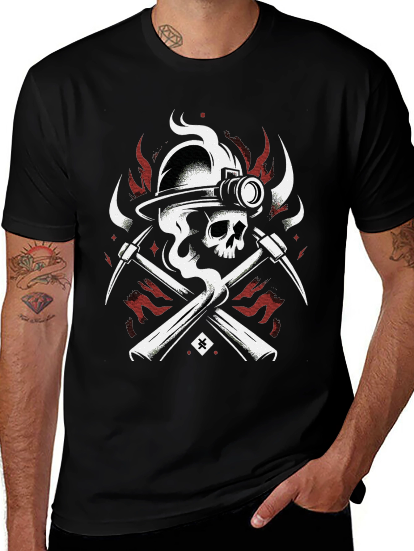 Miner Skull T-Shirt - Crossed Pickaxes and Helmet