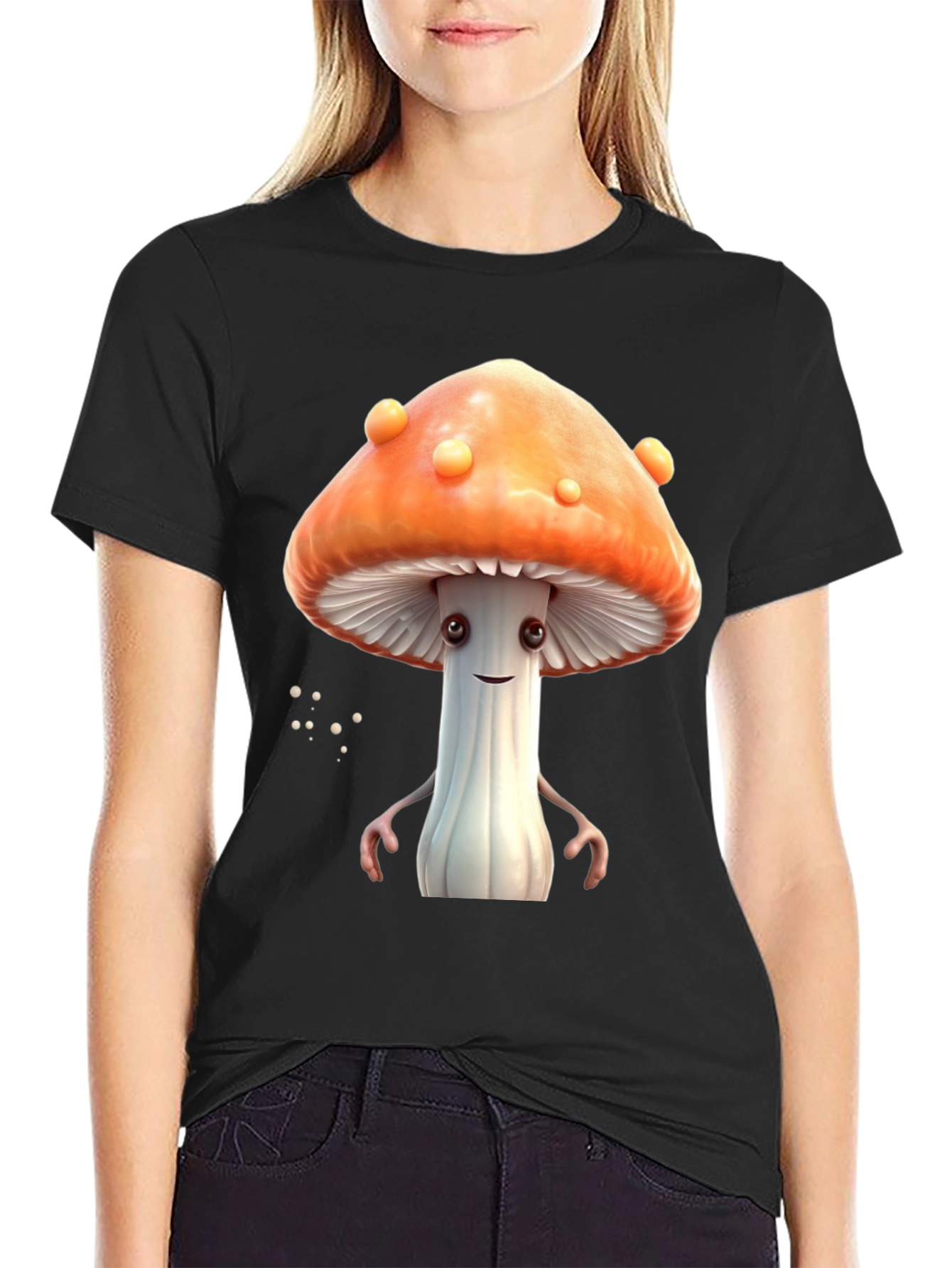 Mushroom Character Graphic Tee - Funky Black T-Shirt