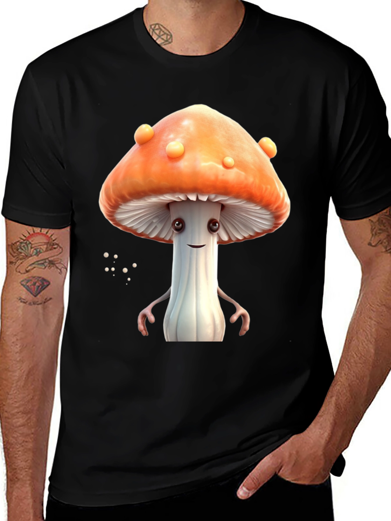 Mushroom Character Graphic Tee - Funky Black T-Shirt