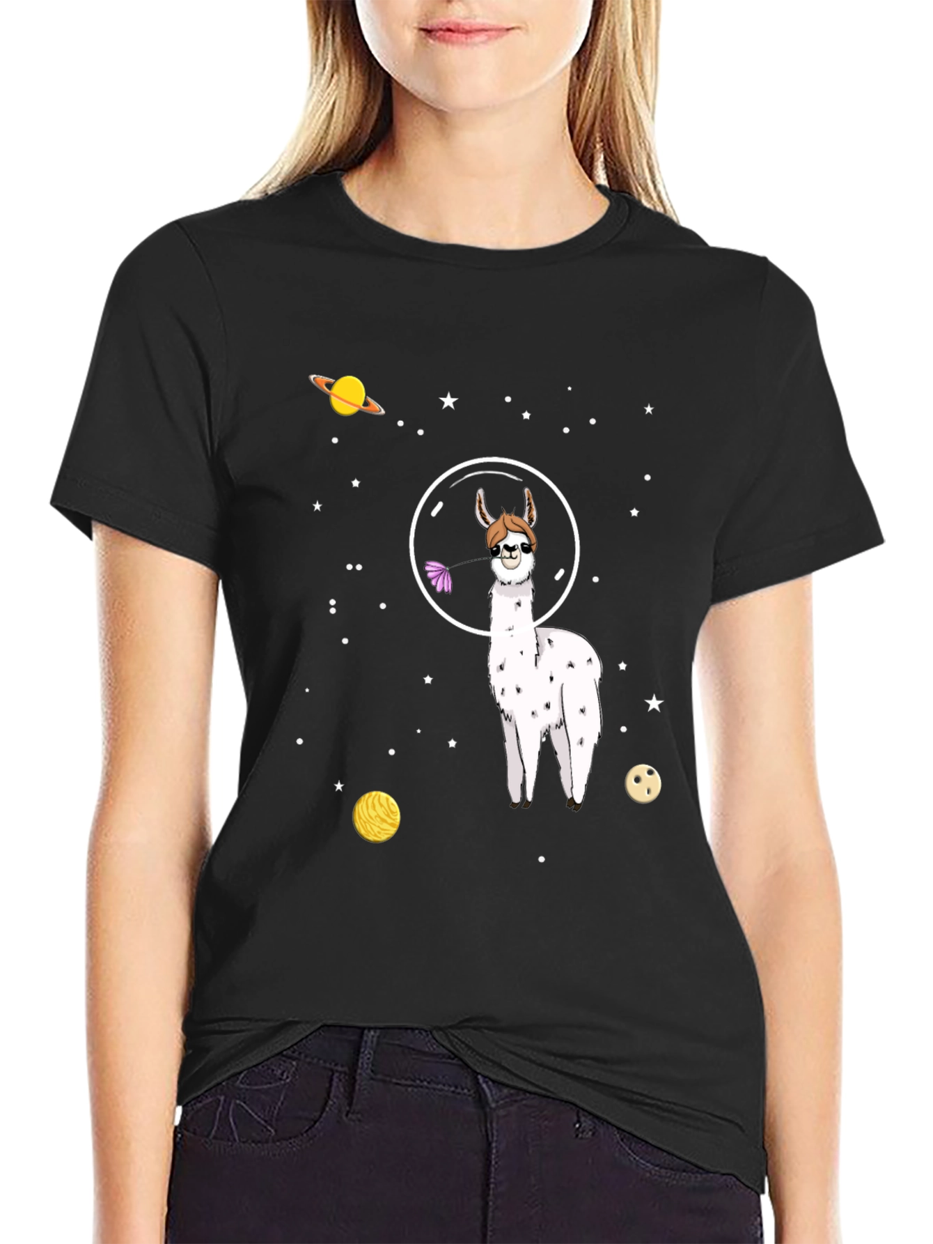 Space Llama Graphic Tee - Black Cotton T-Shirt