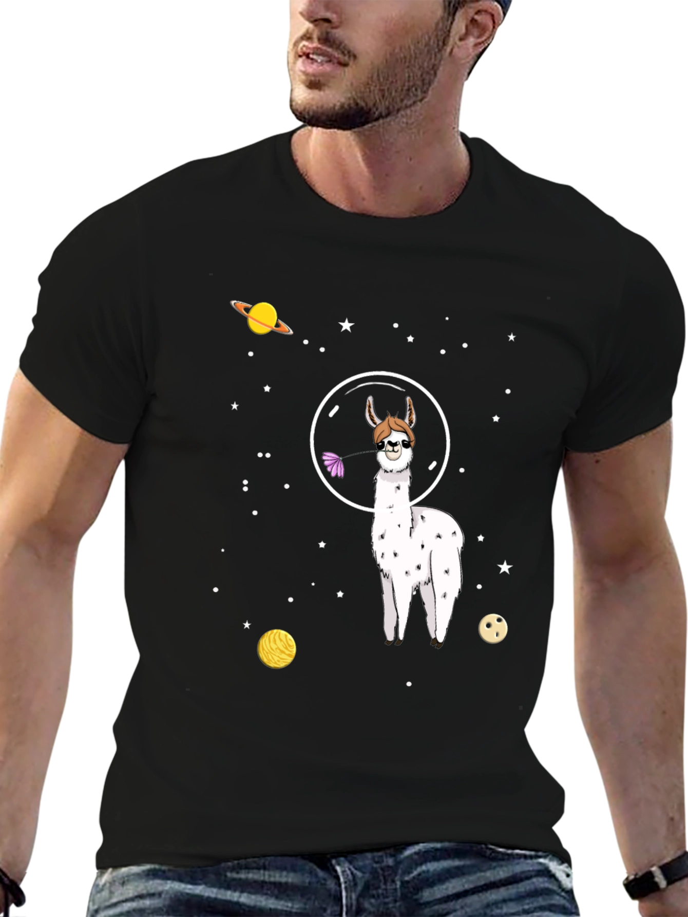 Space Llama Graphic Tee - Black Cotton T-Shirt