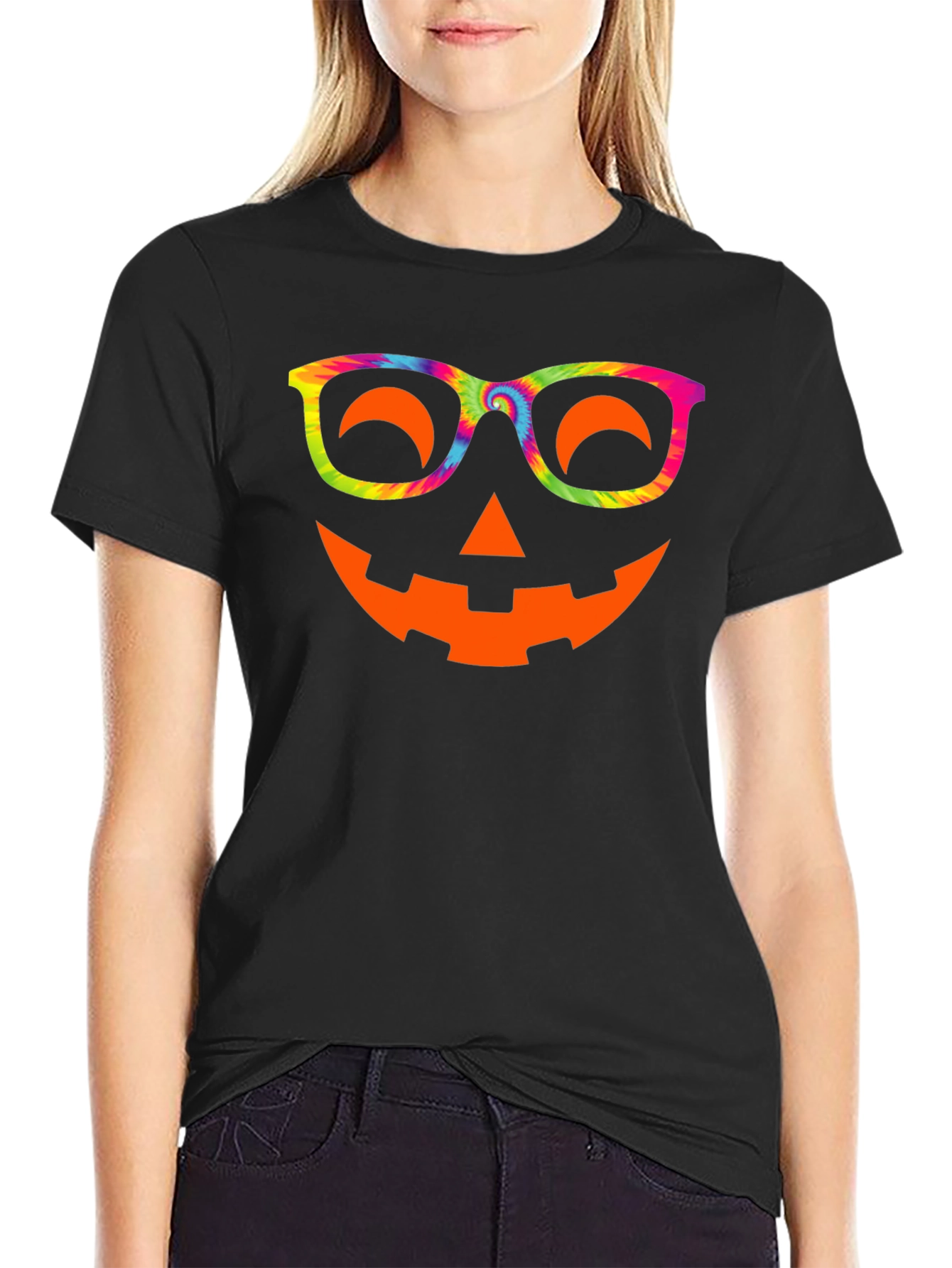 Halloween Pumpkin Face T-Shirt Tie Dye Glasses Tee