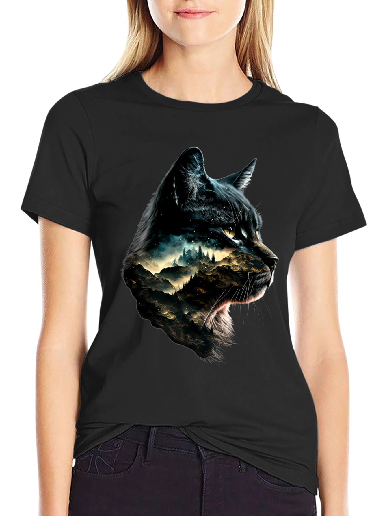 Black Cat Mountain Scene Graphic Tee