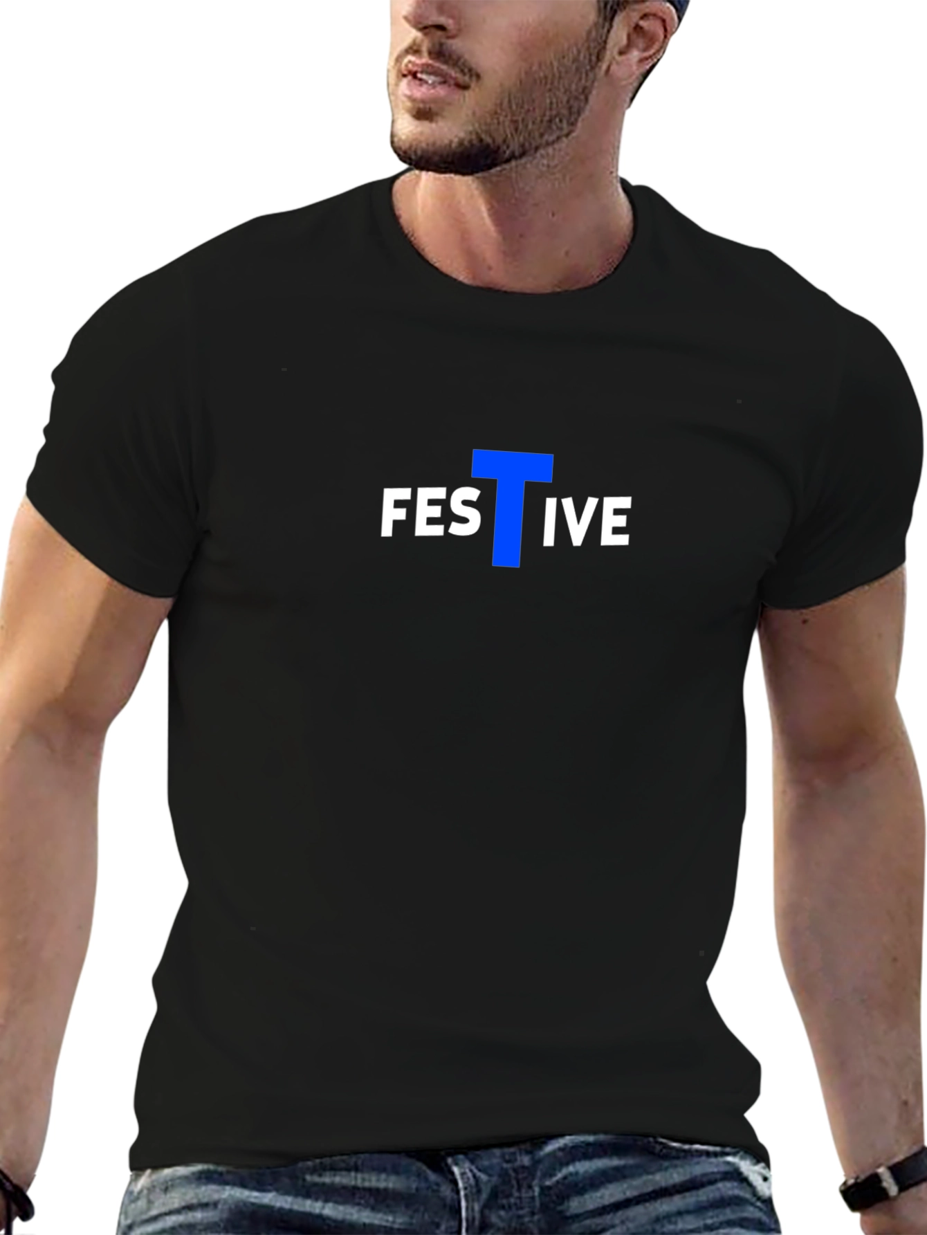 Festive Graphic Tee - Black Cotton Blend Casual T-Shirt
