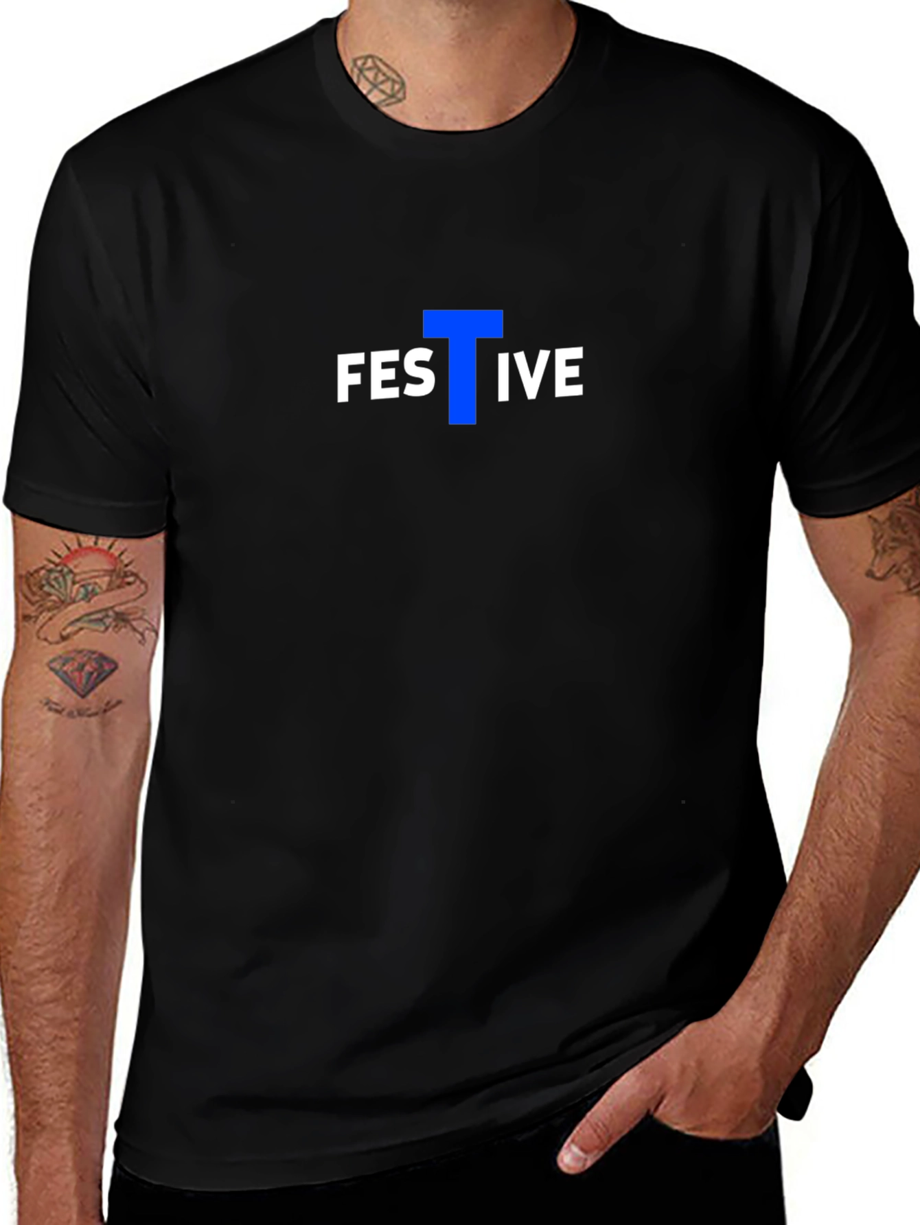 Festive Graphic Tee - Black Cotton Blend Casual T-Shirt