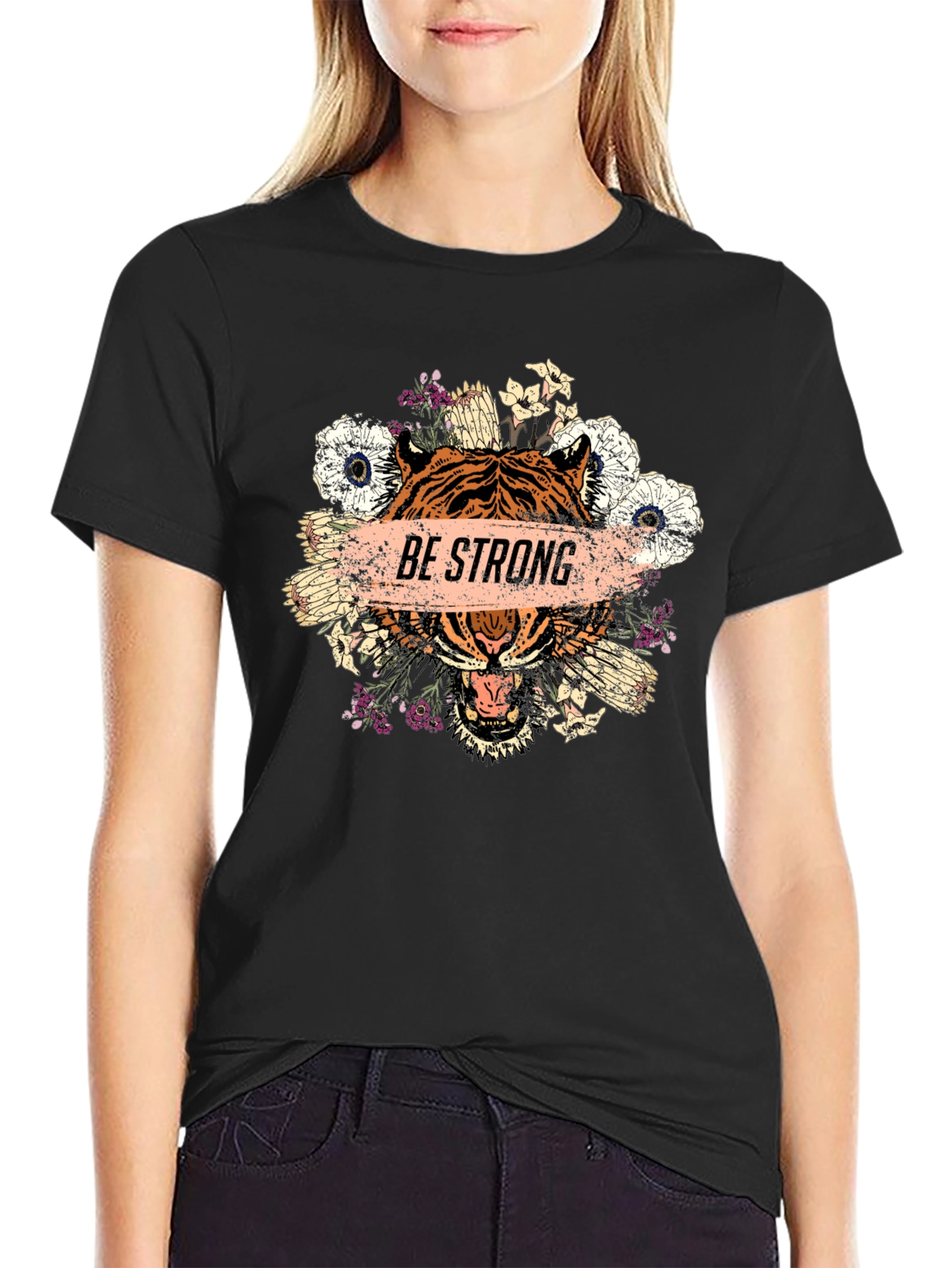 Be Strong Tiger Graphic Tee - Mens Black T-Shirt