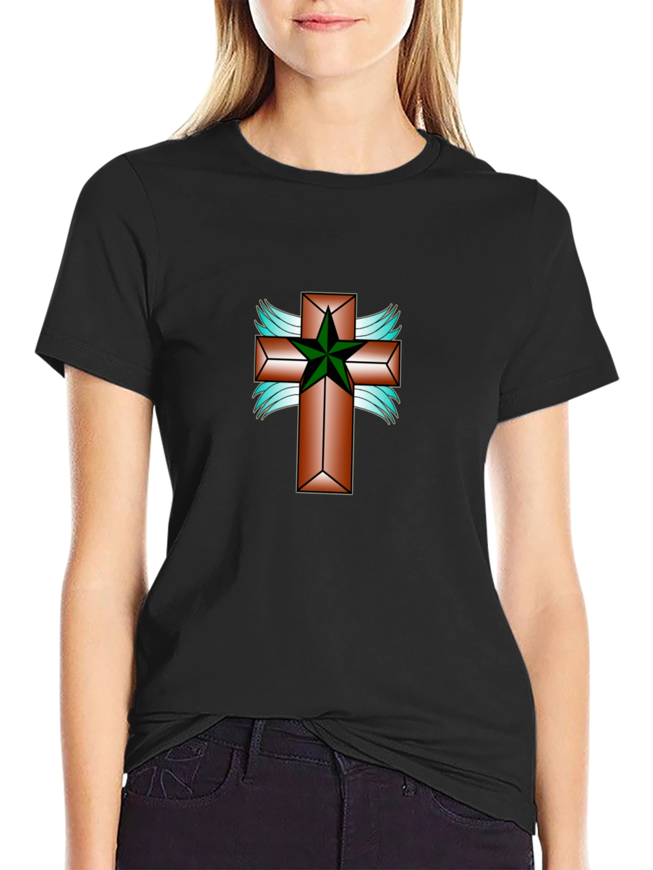 Cross & Star Graphic Tee - Black Cotton Blend