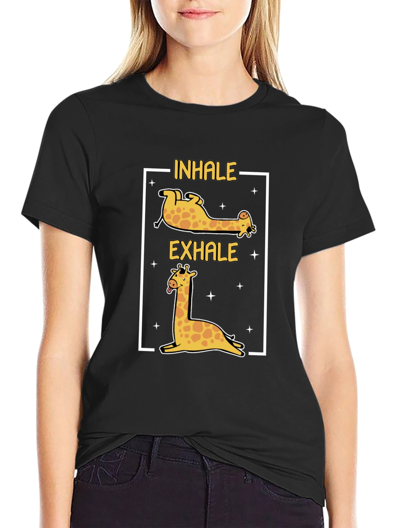 Inhale Exhale Giraffe Yoga Black T-Shirt