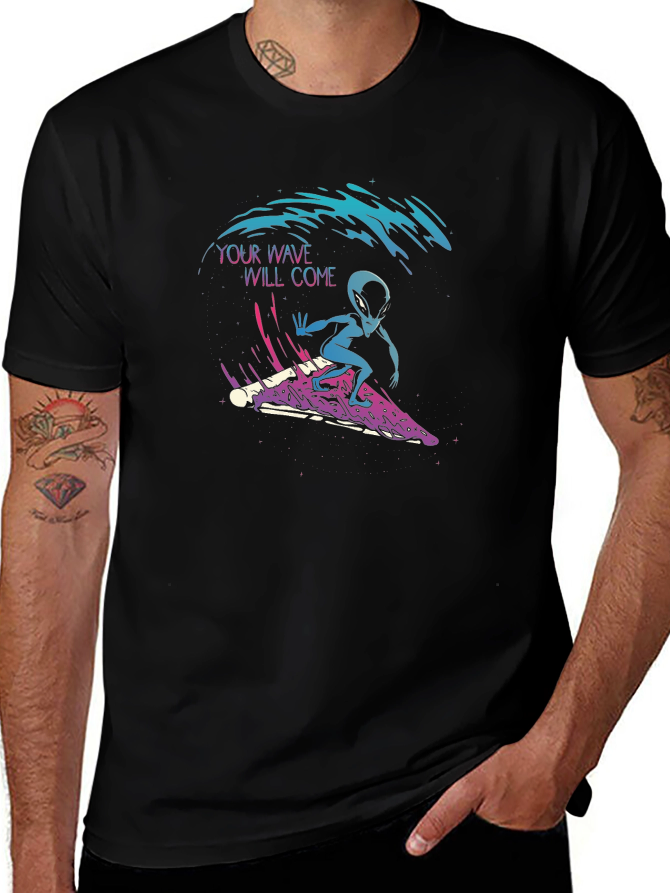 Surfing Alien Pizza T-Shirt - Your Wave Will Come