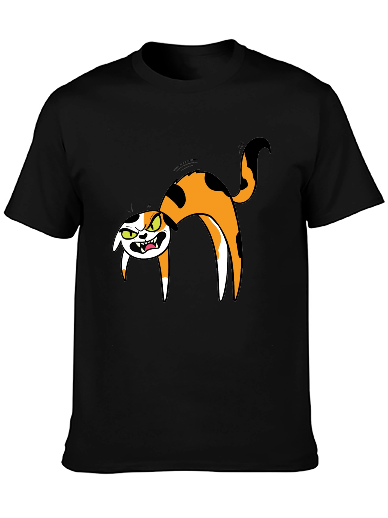 Mens Black T-Shirt with Cartoon Angry Cat Design