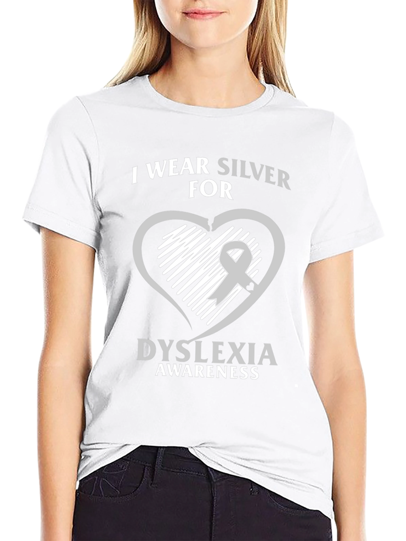 Dyslexia Awareness T-Shirt - Silver Ribbon Heart