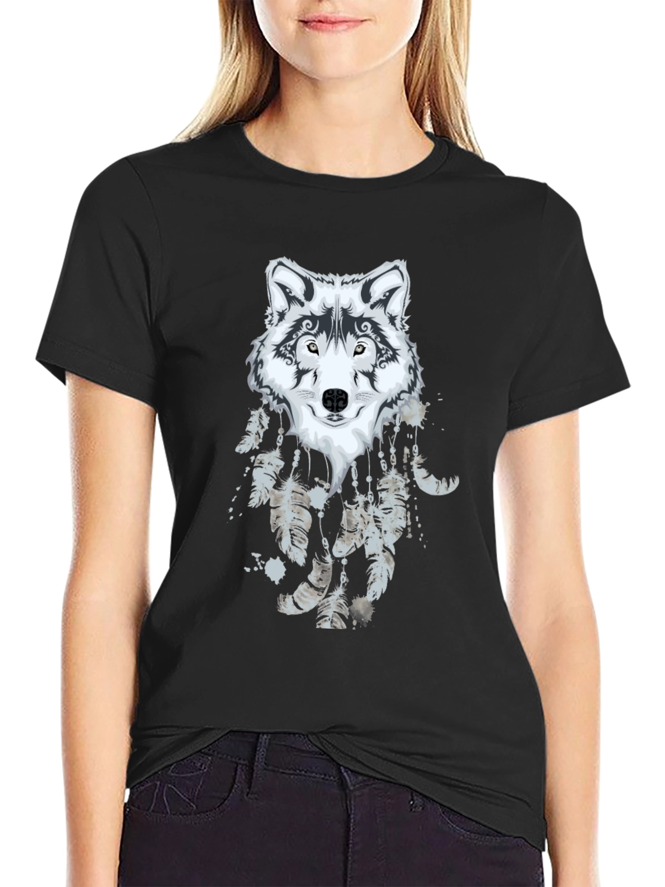 Wolf Dreamcatcher Graphic Black T-Shirt