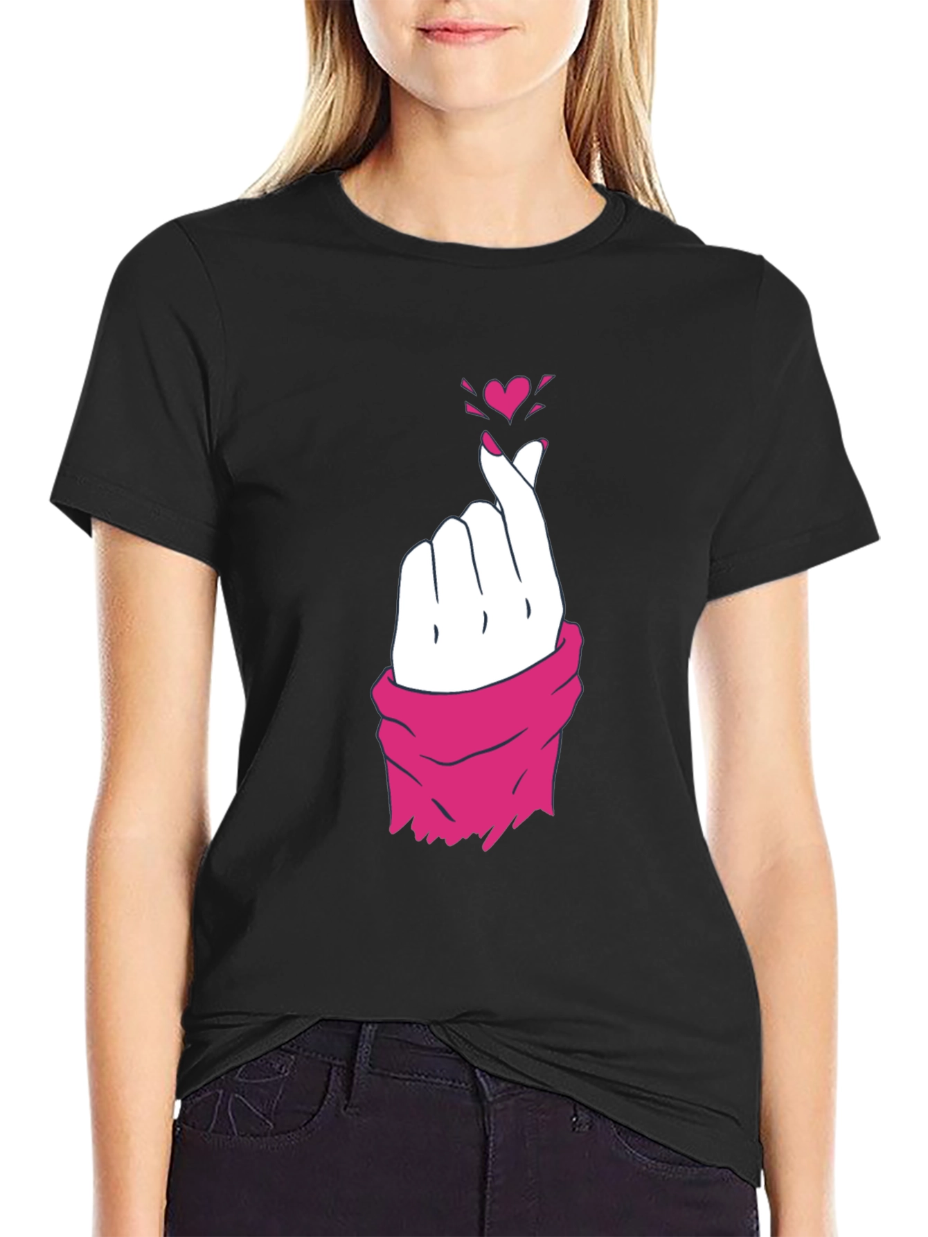 Heart Finger Gesture Graphic Tee - Trendy Casual