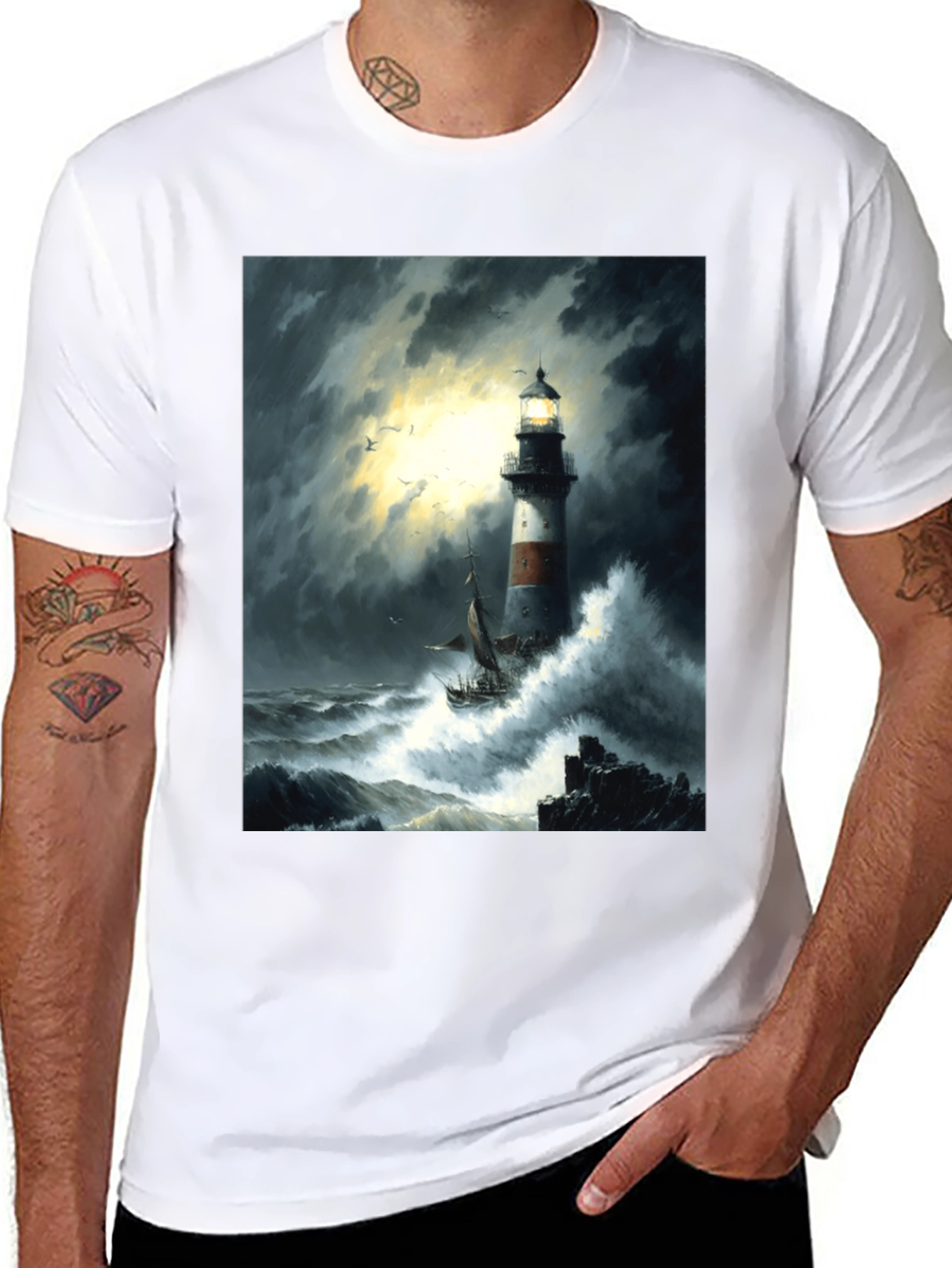 Stormy Seas Lighthouse Graphic Tee